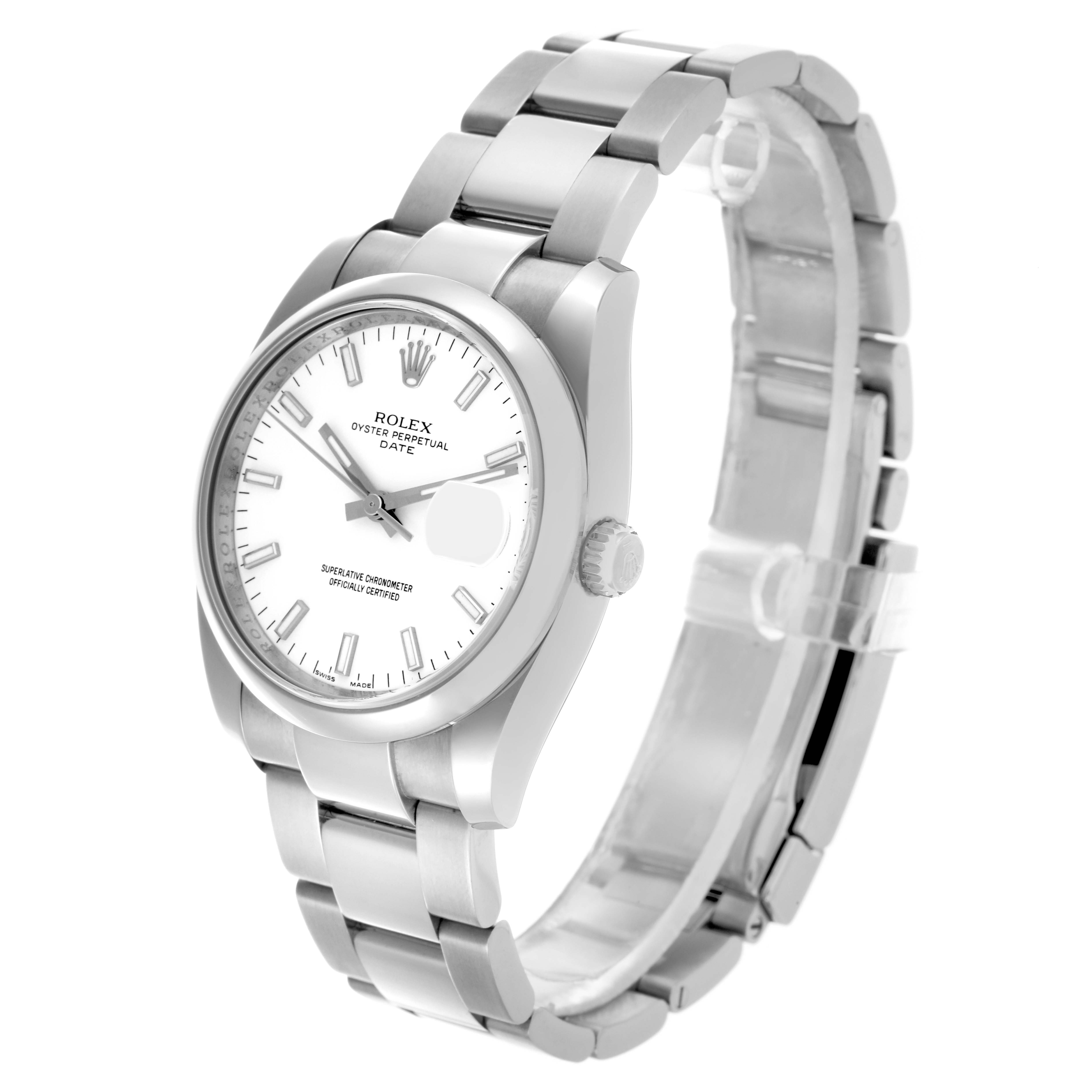 The Rolex Date 115200 Men's Stainless Steel White Dial 115200 Men's Stainless Steel White Dial watch is shown at a three-quarter angle, displaying the face, bezel, bracelet, and crown.