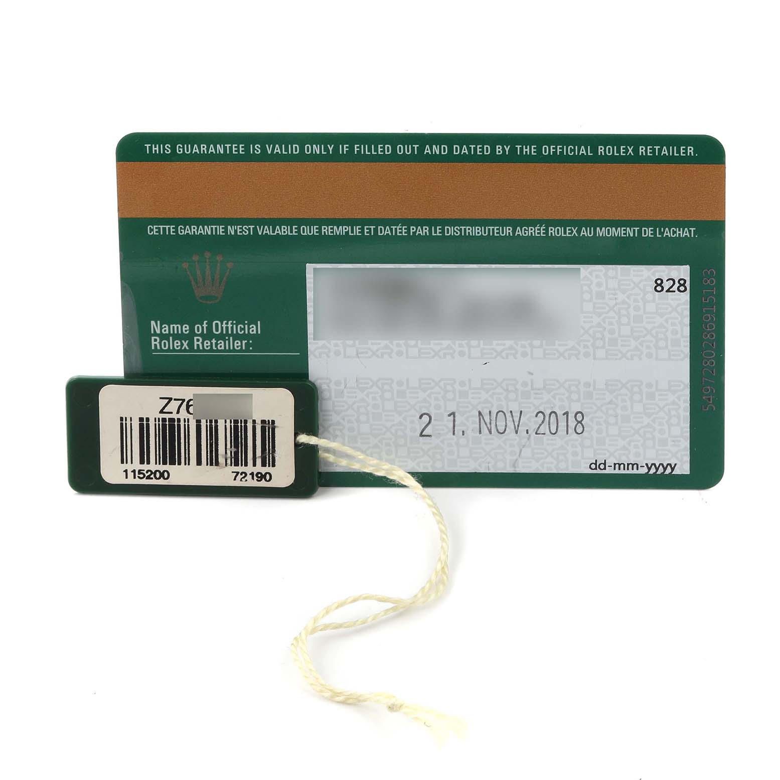 The image shows a Rolex Date 115200 Men's Stainless Steel White Dial 115200 Men's Stainless Steel White Dial model warranty card and a green hang tag with a barcode.