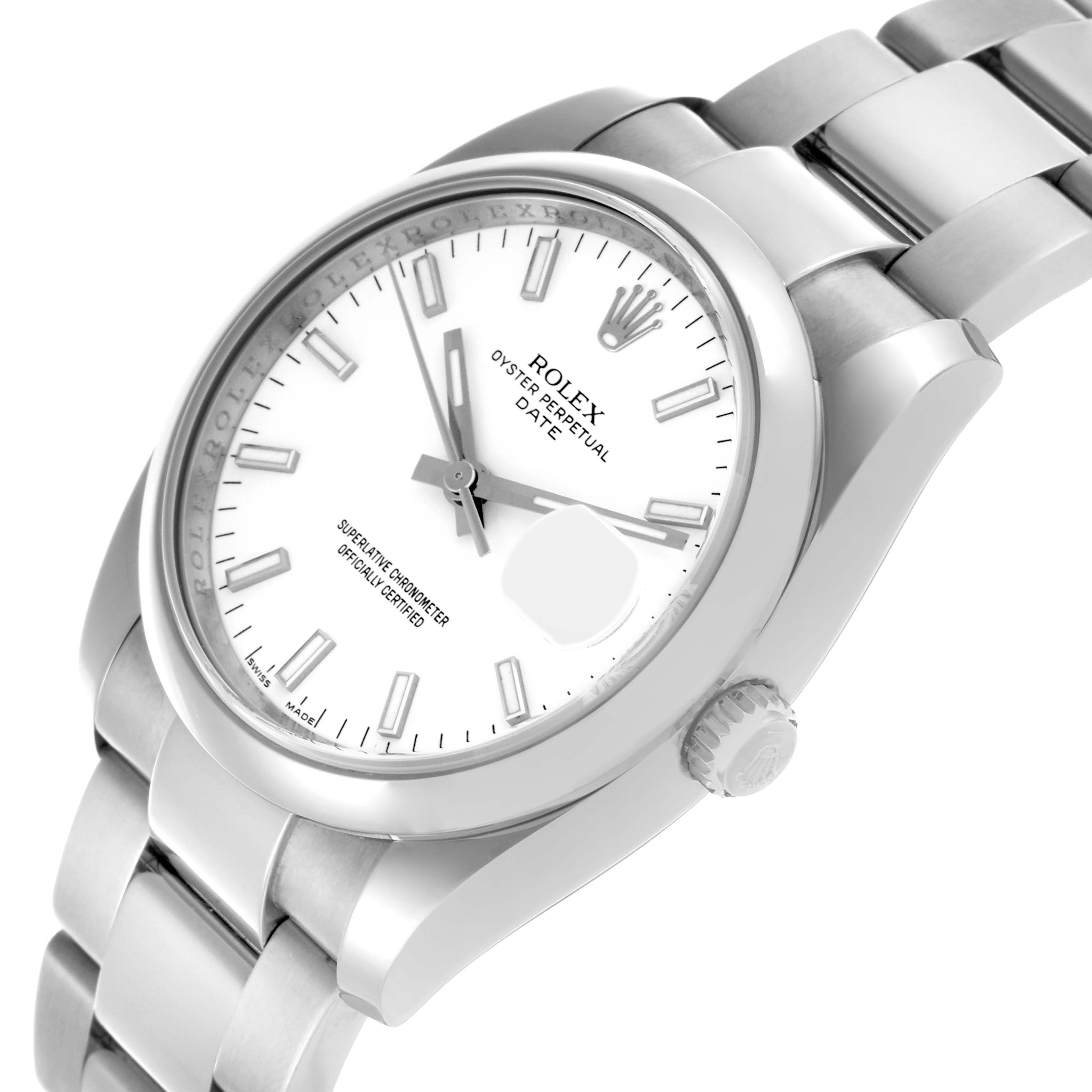 The Rolex Date 115200 Men's Stainless Steel White Dial 115200 Men's Stainless Steel White Dial model is shown at a three-quarter angle, displaying the face, case, crown, and bracelet.