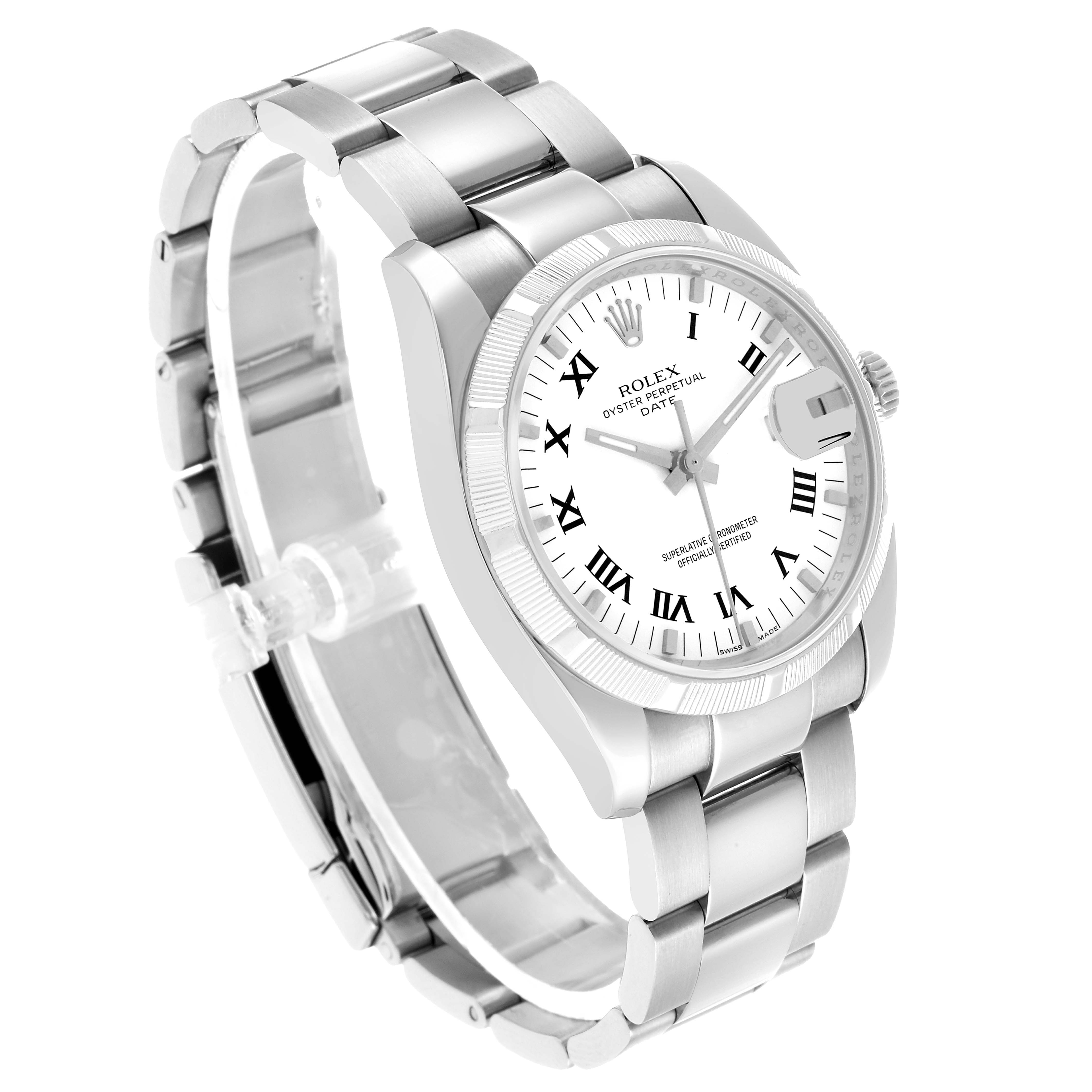 The Rolex Date 115210 Men's Stainless Steel White Dial watch is shown at a three-quarter angle, displaying the dial, bezel, and bracelet clearly.
