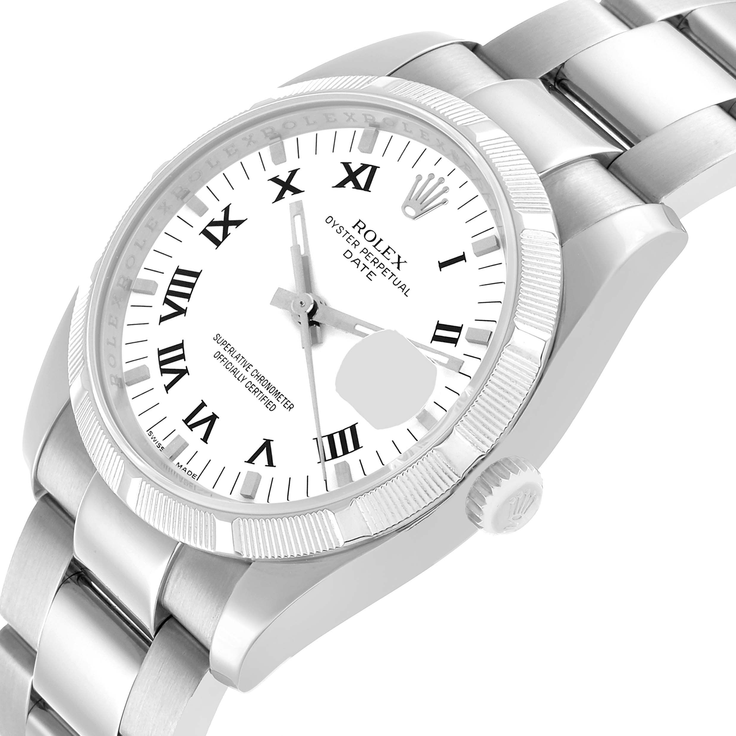 The Rolex Date 115210 Men's Stainless Steel White Dial model watch is shown at an angled side view, highlighting the dial, fluted bezel, and part of the bracelet.