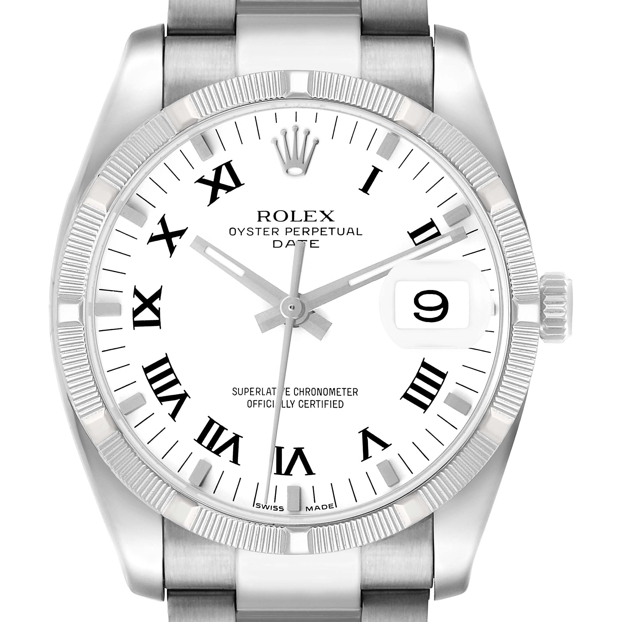 The Rolex Date 115210 Men's Stainless Steel White Dial model watch is shown from the front, displaying its dial, bezel, crown, and part of the bracelet.