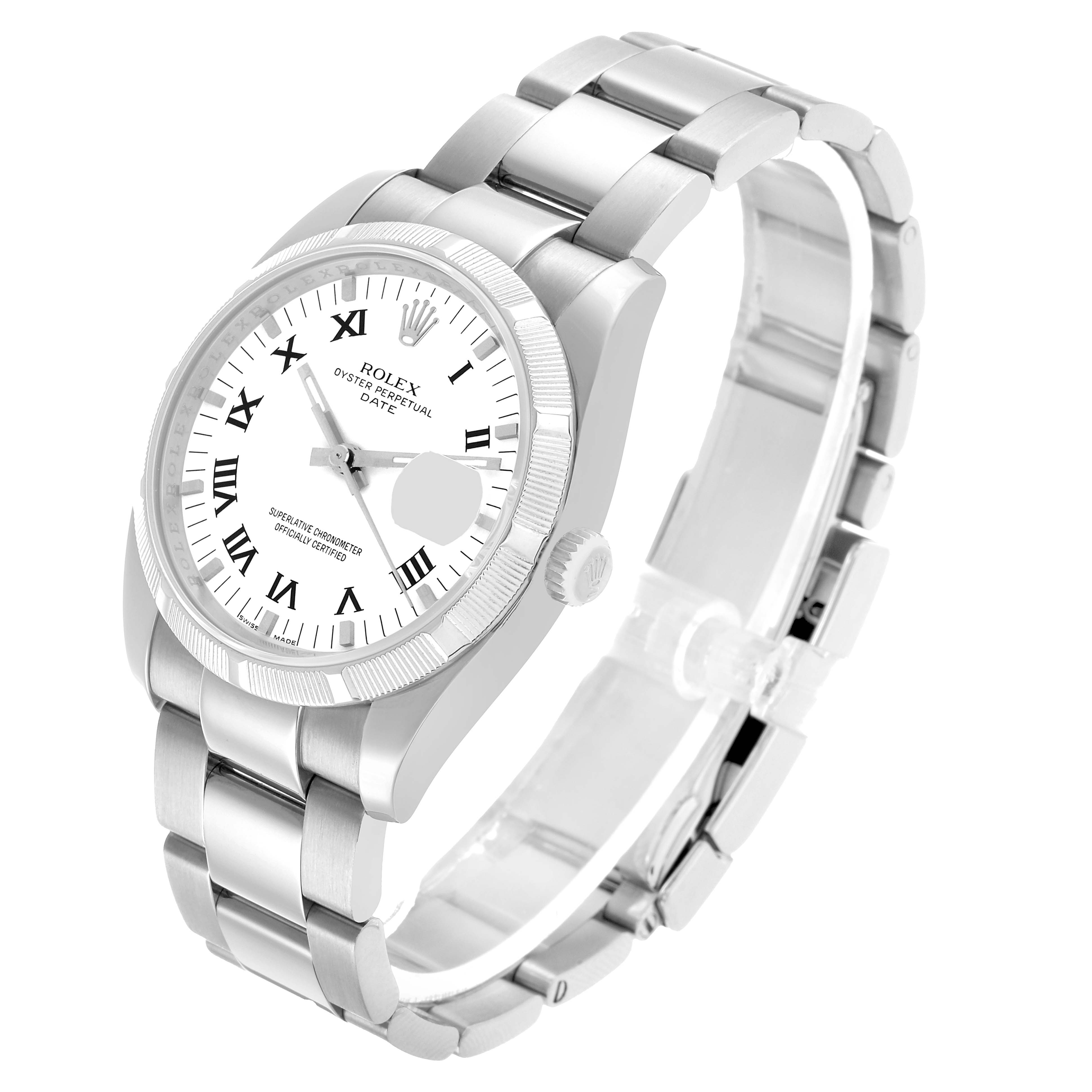 The Rolex Date 115210 Men's Stainless Steel White Dial model watch is shown at a three-quarter angle, displaying the face, bezel, crown, and bracelet.