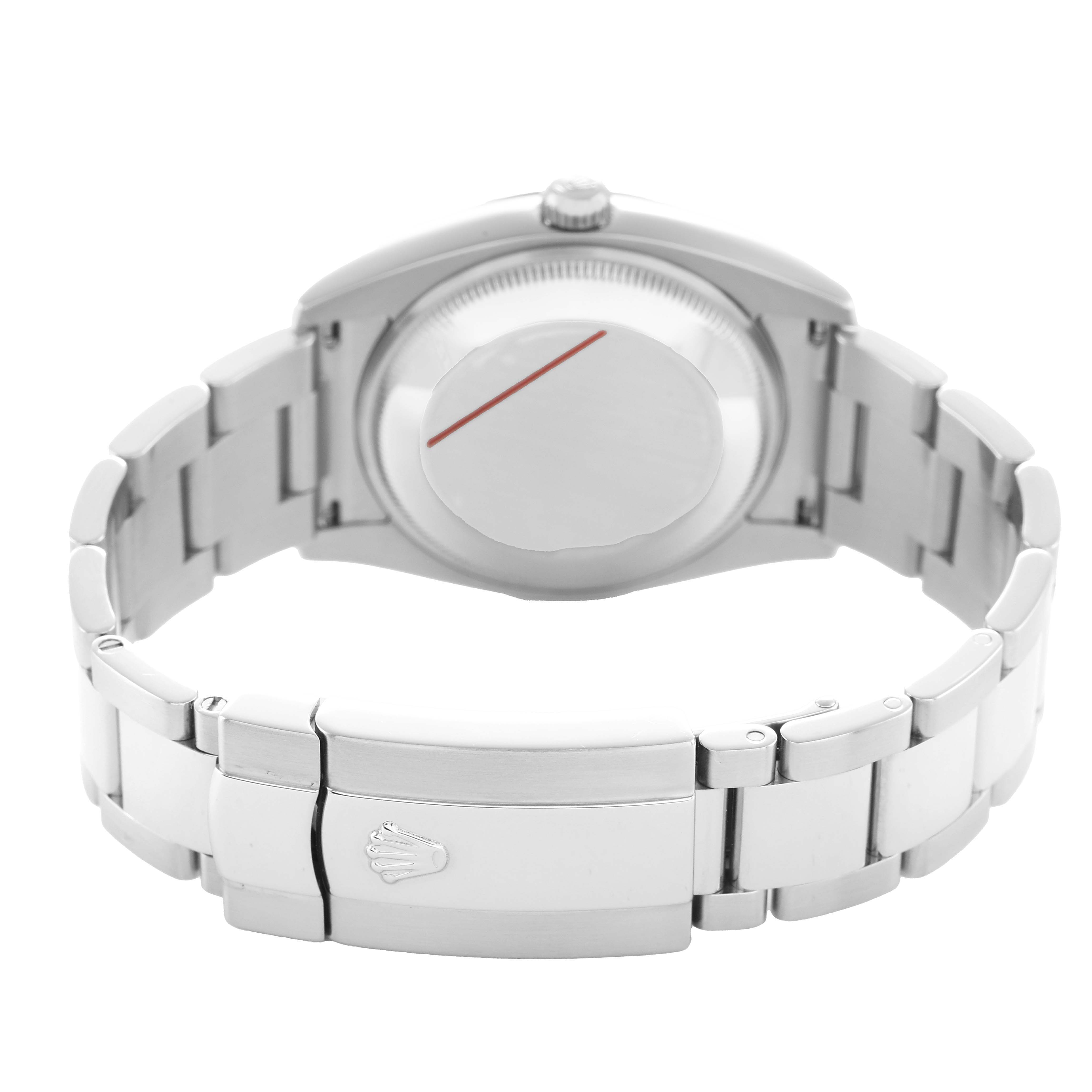 This image shows the Rolex Date 115210 Men's Stainless Steel White Dial model watch from the back, highlighting the clasp, bracelet, and case back.