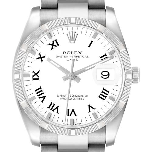 The Rolex Date 115210 Men's Stainless Steel White Dial model watch is shown from a front angle, displaying its dial, Roman numerals, bezel, and bracelet.