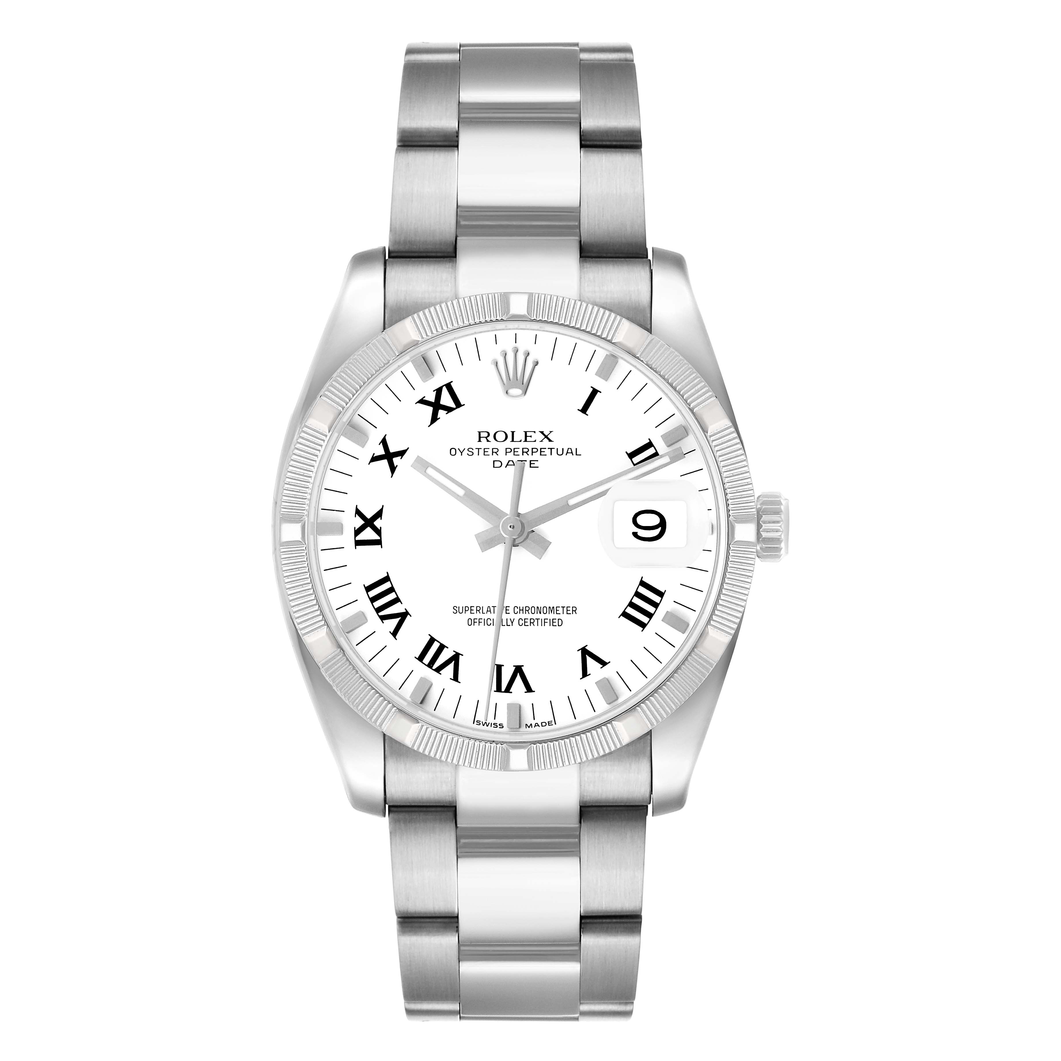 The Rolex Date 115210 Men's Stainless Steel White Dial model is shown from the front, highlighting the dial, case, bracelet, and date window.