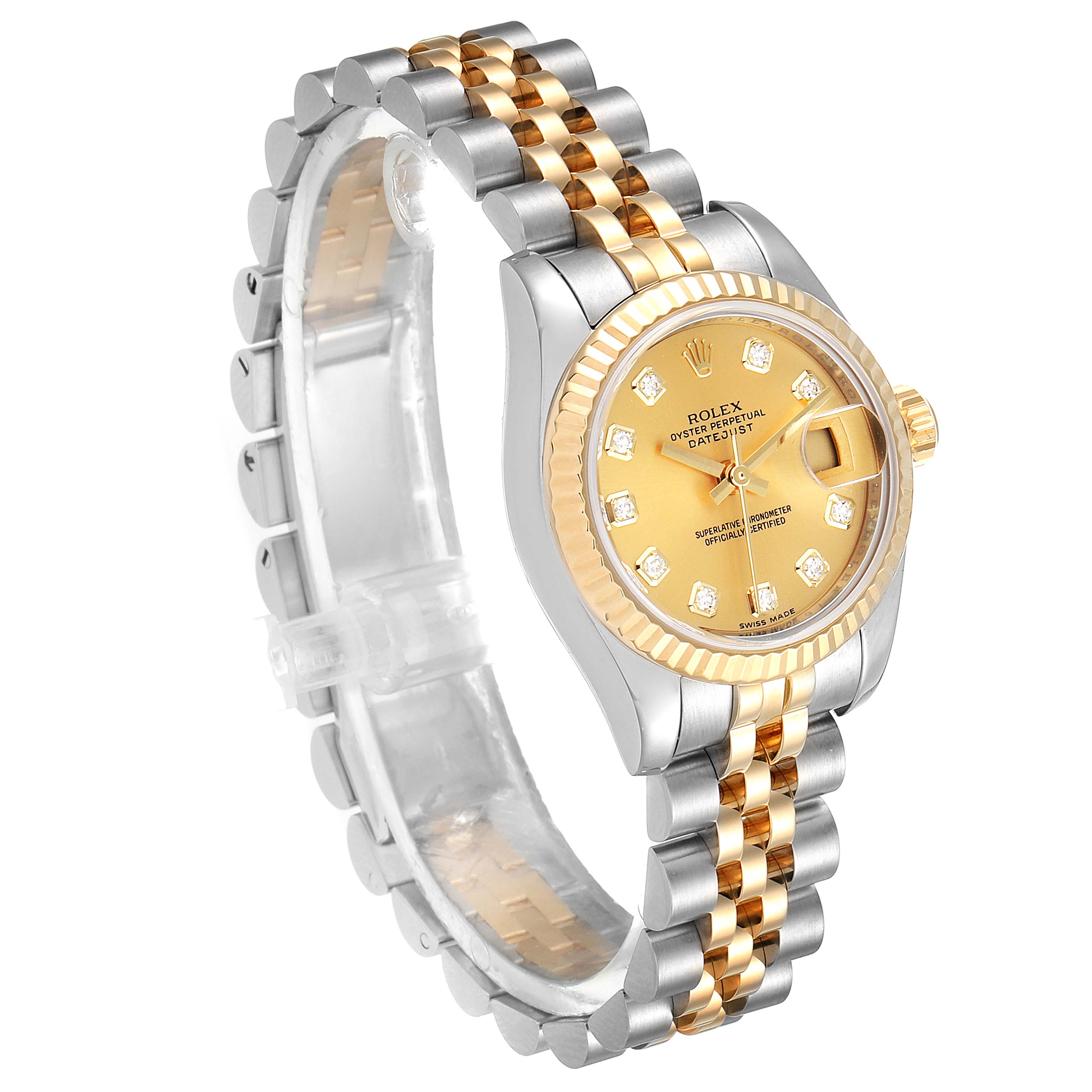 The Rolex Datejust 179173 Women
s Steel and Gold (two tone) Champagne Dial 179173 Women
s Steel and Gold (two tone) Champagne Dial watch is shown at a three-quarter angle, displaying the dial, bezel, and part of the bracelet.
