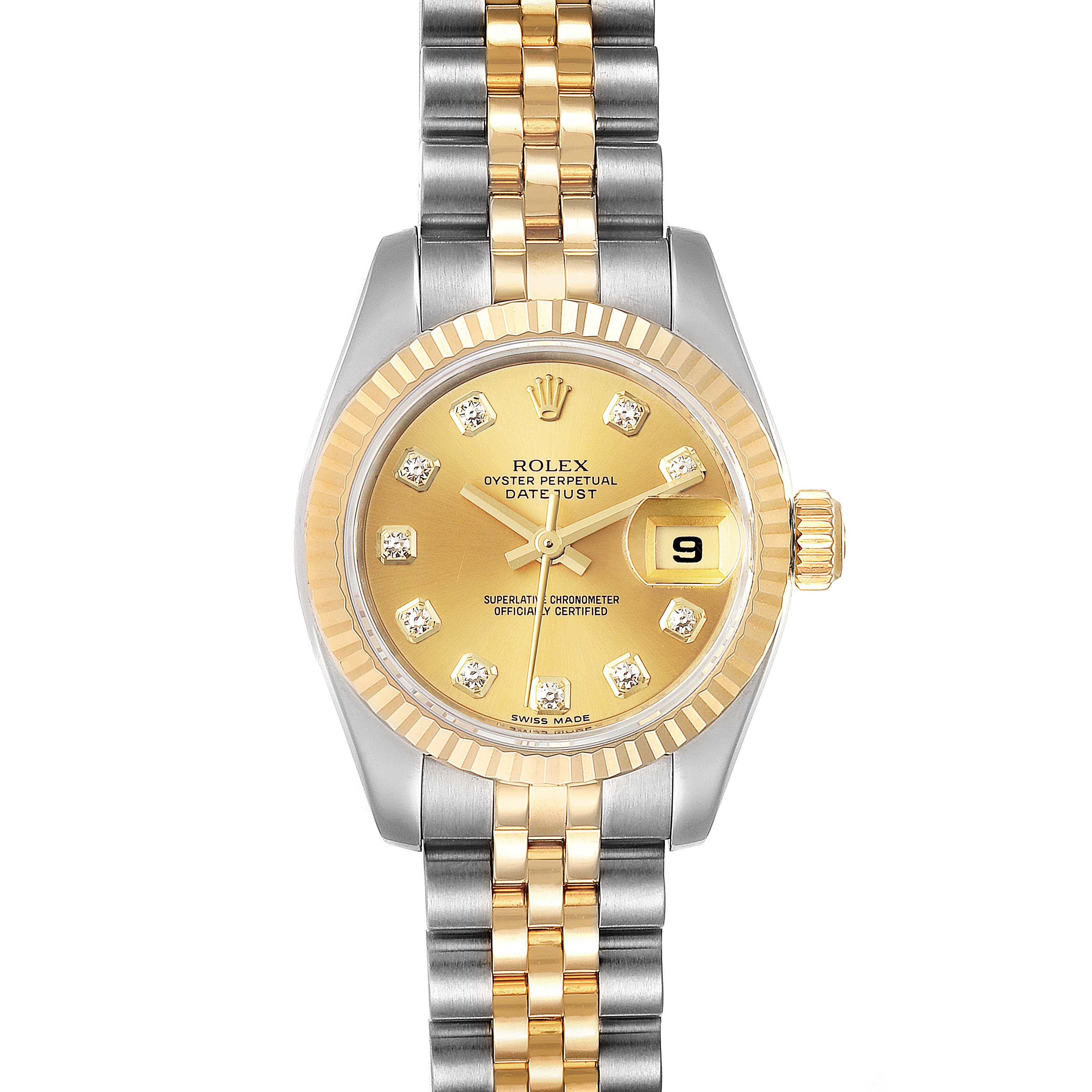 The image shows a front view of a Rolex Datejust 179173 Women
s Steel and Gold (two tone) Champagne Dial 179173 Women
s Steel and Gold (two tone) Champagne Dial watch displaying its dial, bezel, bracelet, and crown.