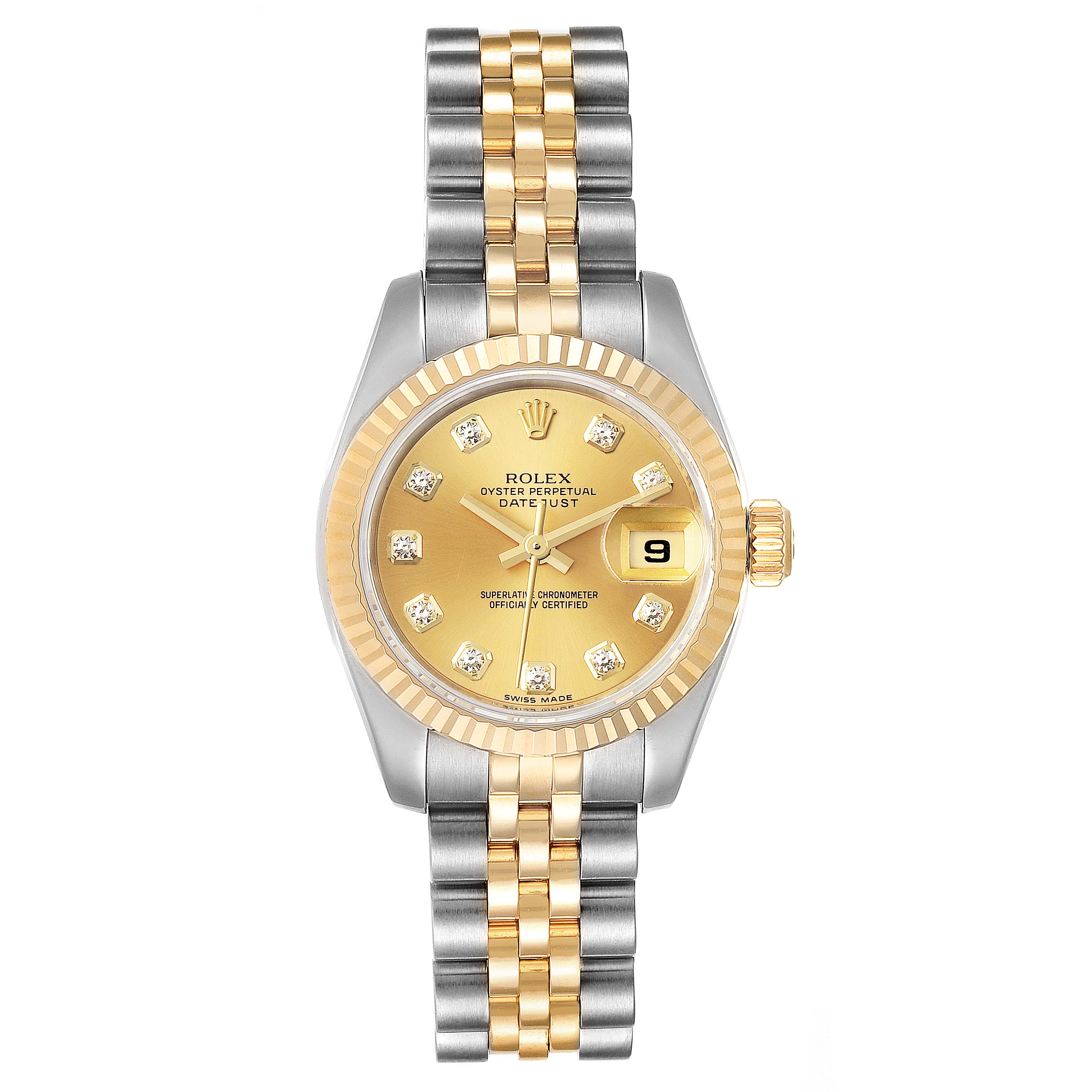 This image shows a frontal view of a Rolex Datejust 179173 Women
s Steel and Gold (two tone) Champagne Dial 179173 Women
s Steel and Gold (two tone) Champagne Dial watch, featuring its gold dial, gold bezel, and two-tone bracelet.