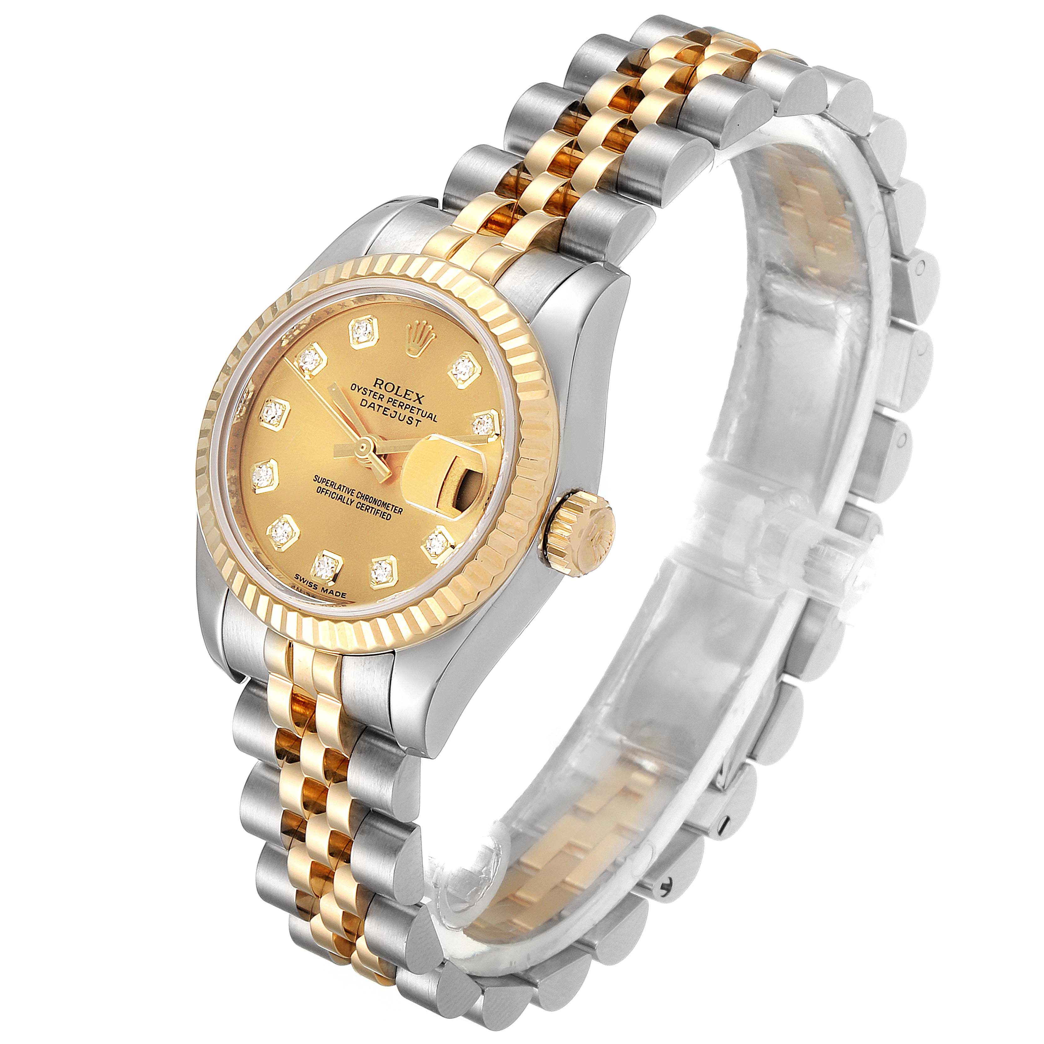The image shows a Rolex Datejust 179173 Women
s Steel and Gold (two tone) Champagne Dial 179173 Women
s Steel and Gold (two tone) Champagne Dial watch at an angle highlighting the gold and silver bracelet, the gold dial, and the fluted bezel.