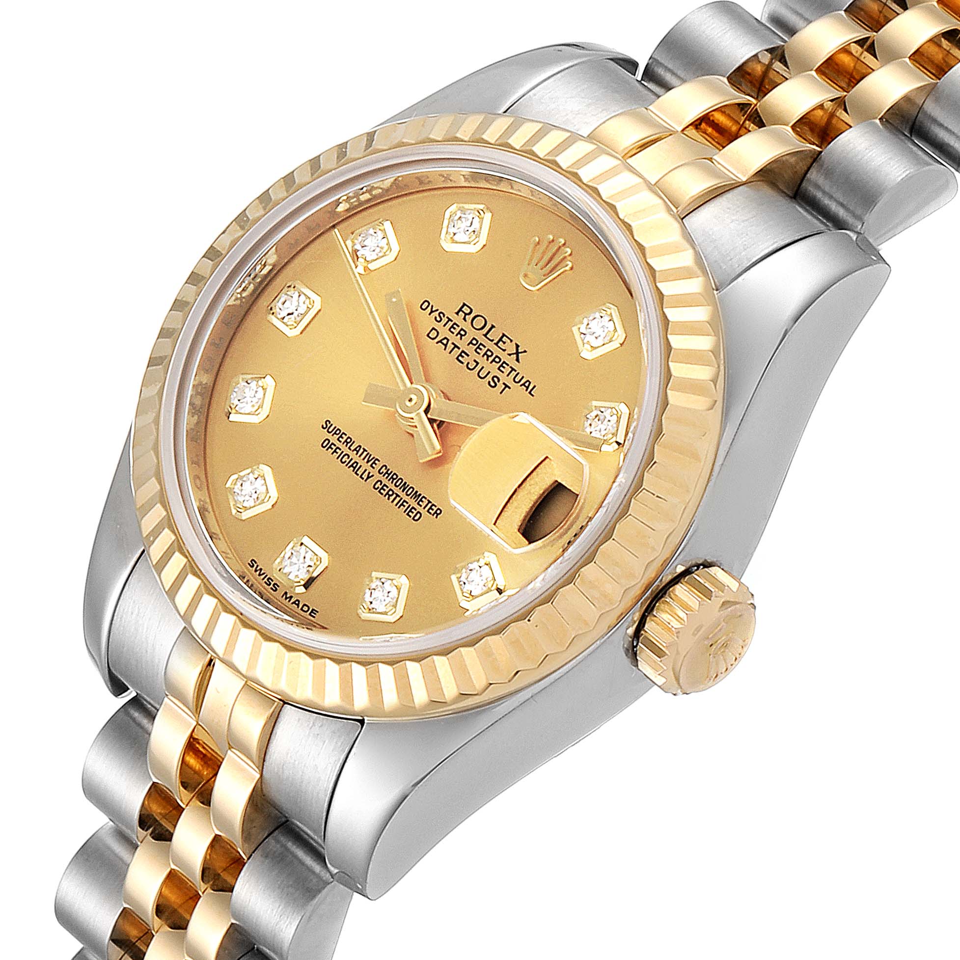 The image shows a Rolex Datejust 179173 Women
s Steel and Gold (two tone) Champagne Dial 179173 Women
s Steel and Gold (two tone) Champagne Dial watch angled to display its gold dial, diamond hour markers, fluted bezel, and two-tone bracelet.