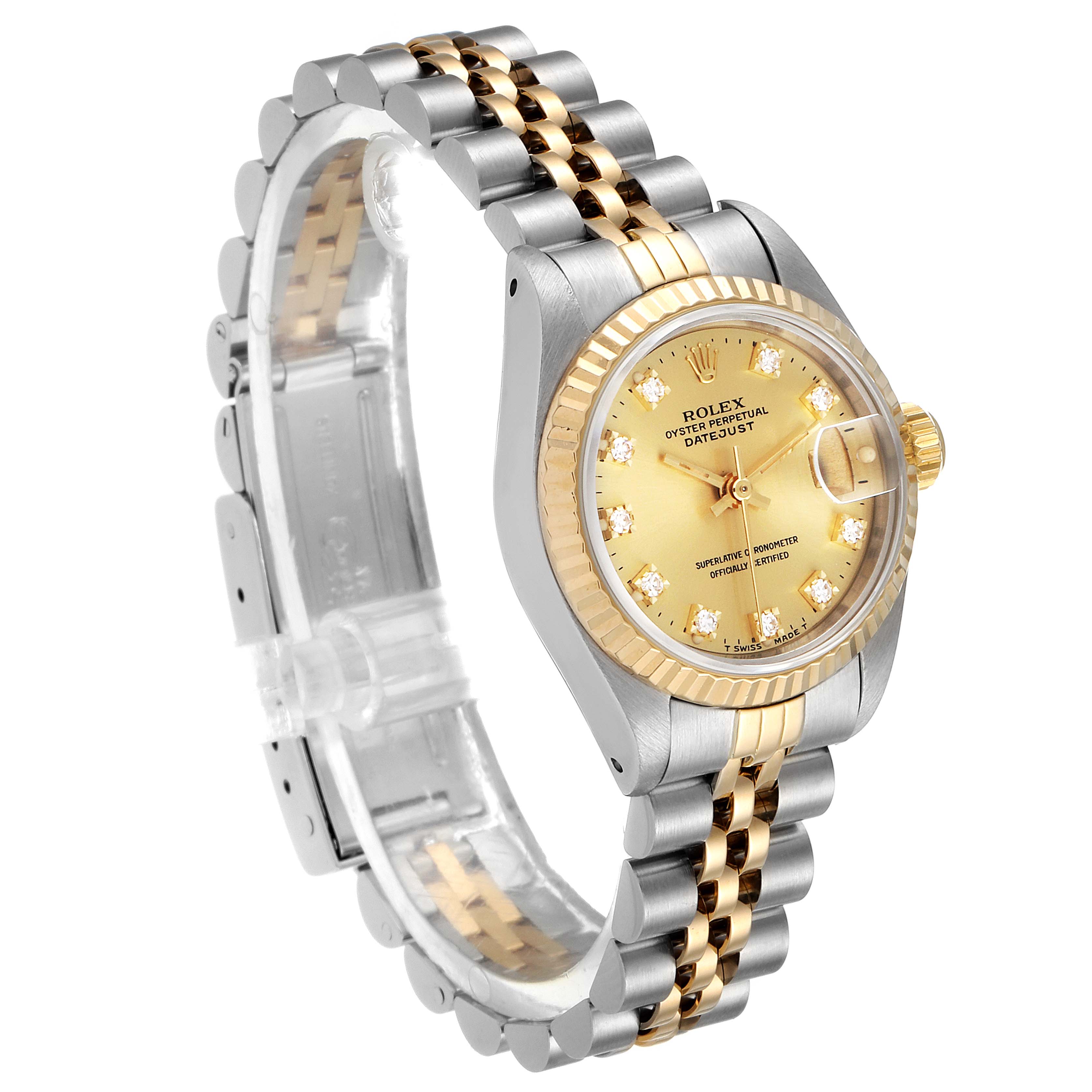 This image shows a Rolex Datejust 69173 Women
s Steel and Gold (two tone) Champagne Dial 69173 Women
s Steel and Gold (two tone) Champagne Dial watch at an oblique angle, displaying the face, crown, bracelet, and clasp.