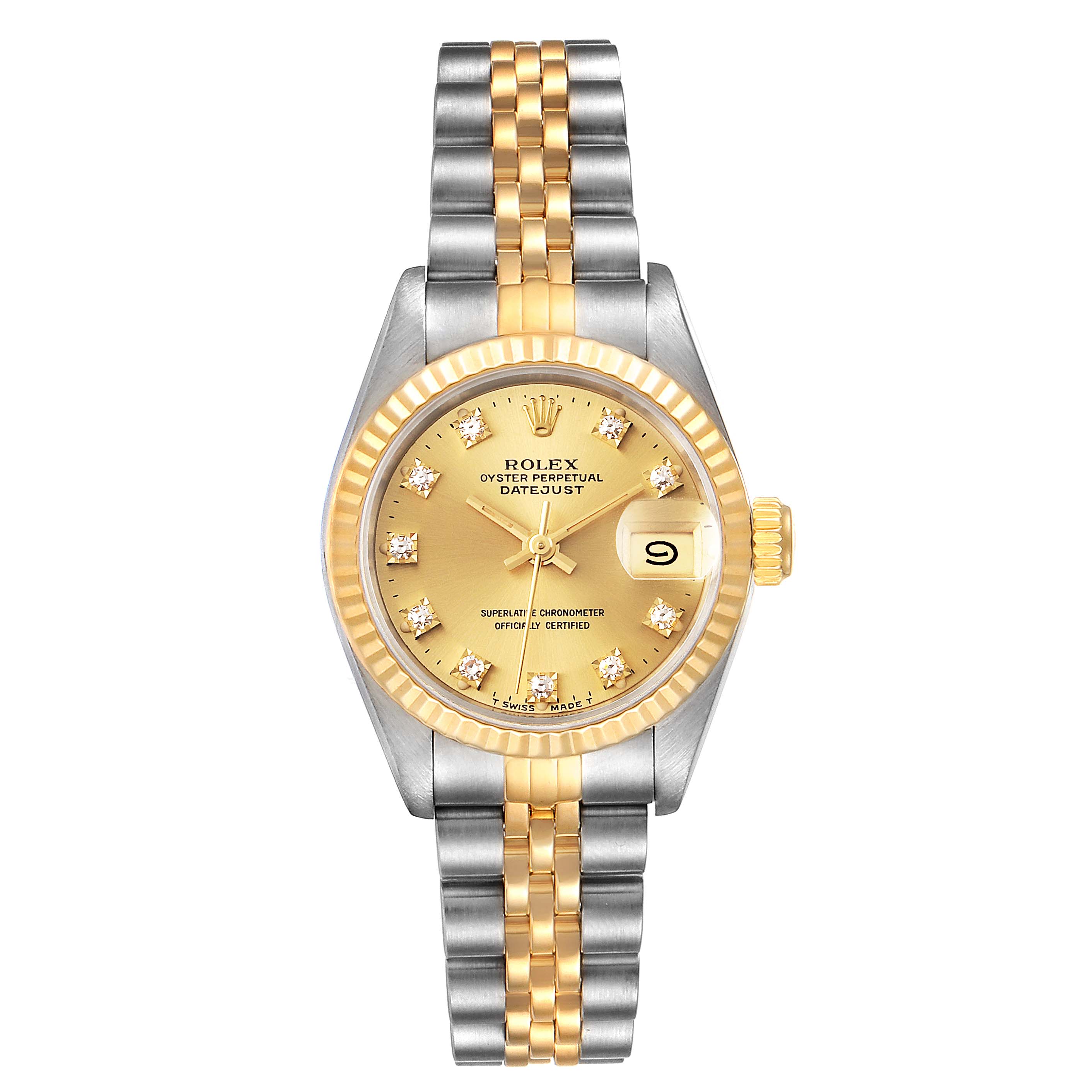 The Rolex Datejust 69173 Women
s Steel and Gold (two tone) Champagne Dial 69173 Women
s Steel and Gold (two tone) Champagne Dial watch is shown from a top-down angle, highlighting the face, bezel, crown, and bracelet.