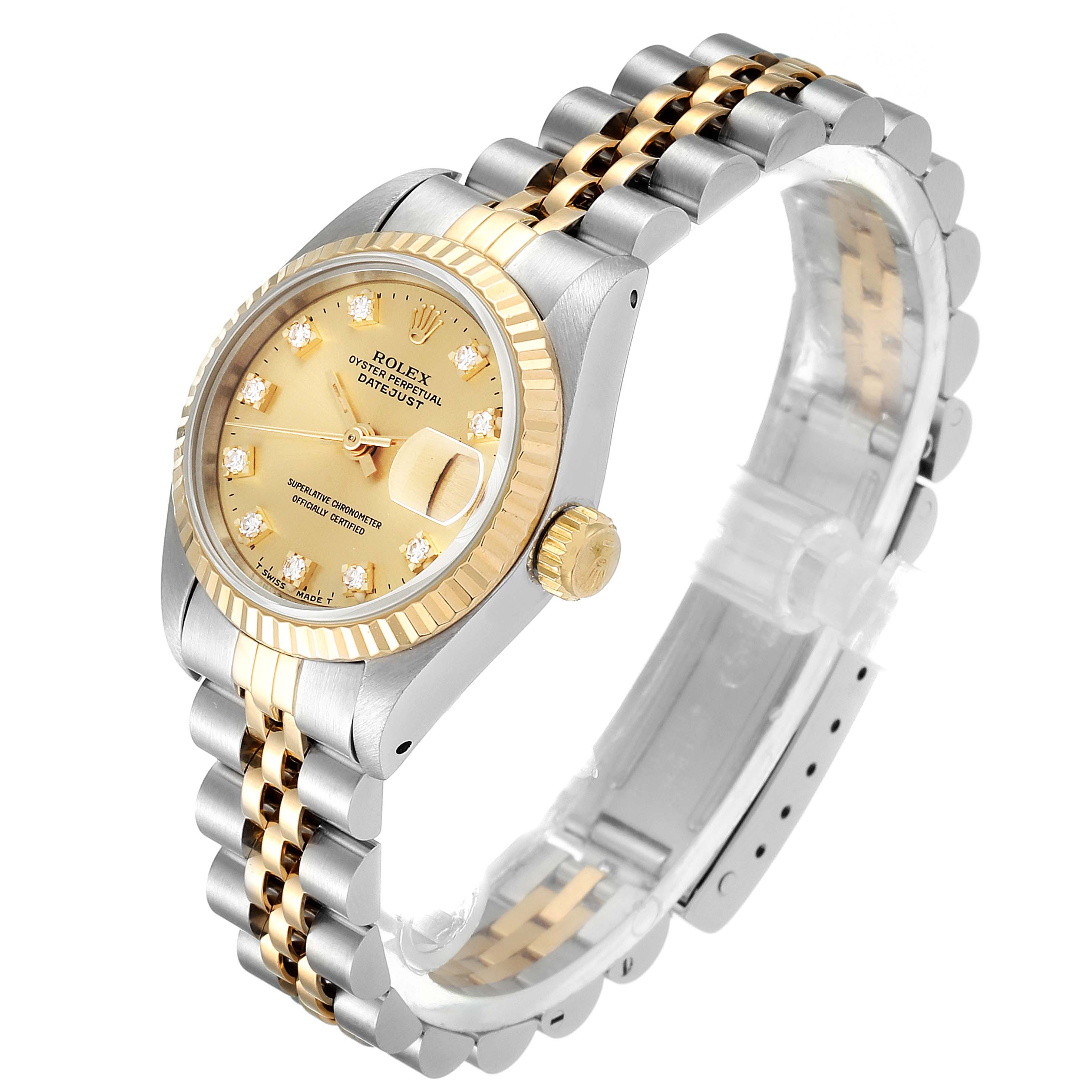 The image shows a Rolex Datejust 69173 Women
s Steel and Gold (two tone) Champagne Dial 69173 Women
s Steel and Gold (two tone) Champagne Dial watch at an oblique angle, highlighting the dial, case, and jubilee bracelet.