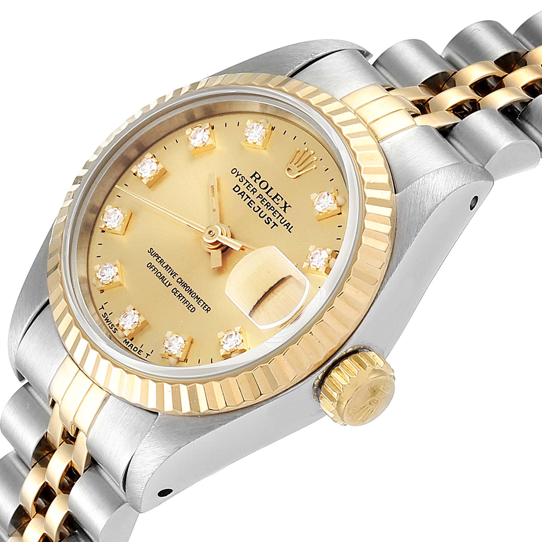 The image shows a close-up, angled view of the Rolex Datejust 69173 Women
s Steel and Gold (two tone) Champagne Dial 69173 Women
s Steel and Gold (two tone) Champagne Dial watch, highlighting the dial, bezel, crown, and part of the bracelet.