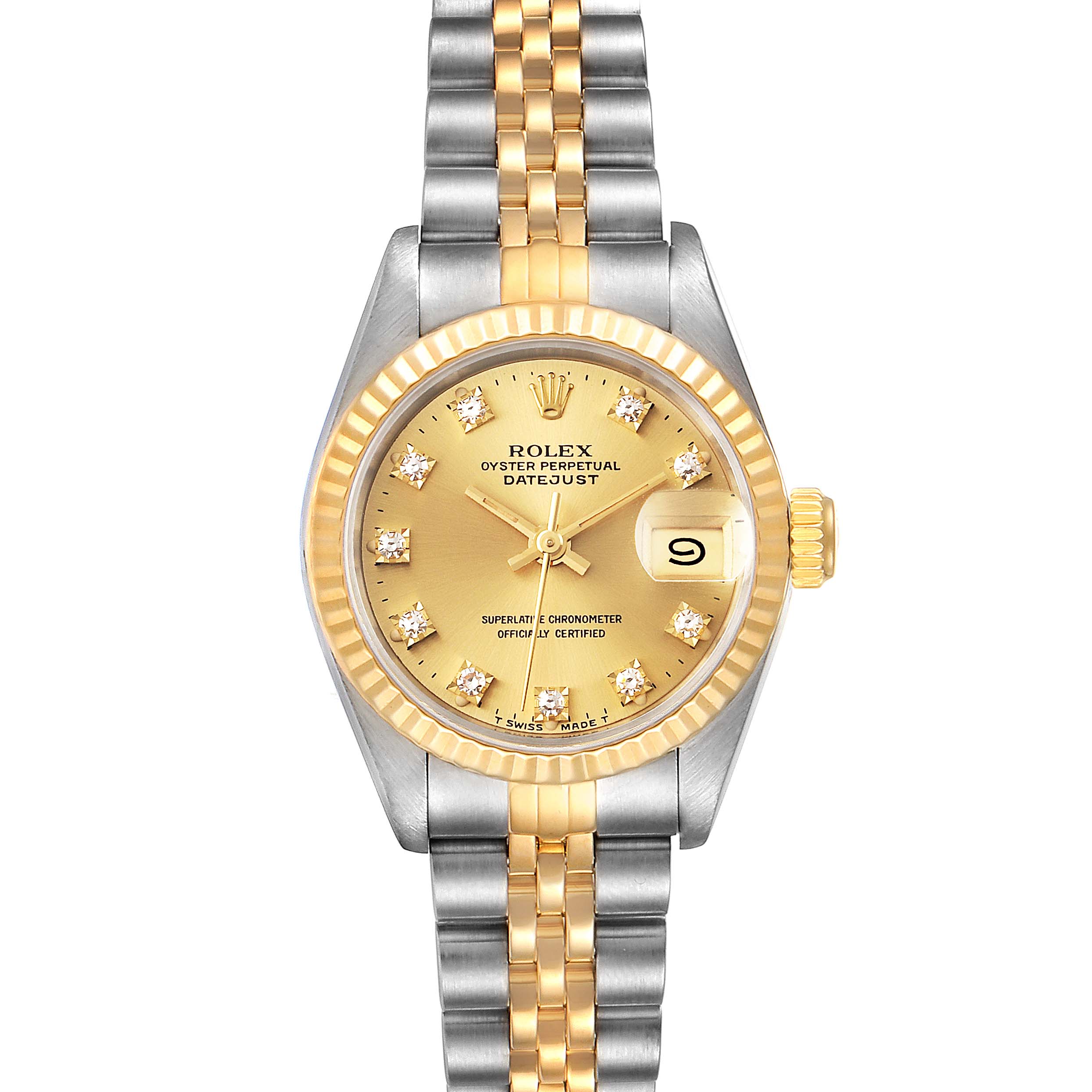 The image shows a frontal view of a Rolex Datejust 69173 Women
s Steel and Gold (two tone) Champagne Dial 69173 Women
s Steel and Gold (two tone) Champagne Dial watch, highlighting its gold dial, two-tone bracelet, and date display.