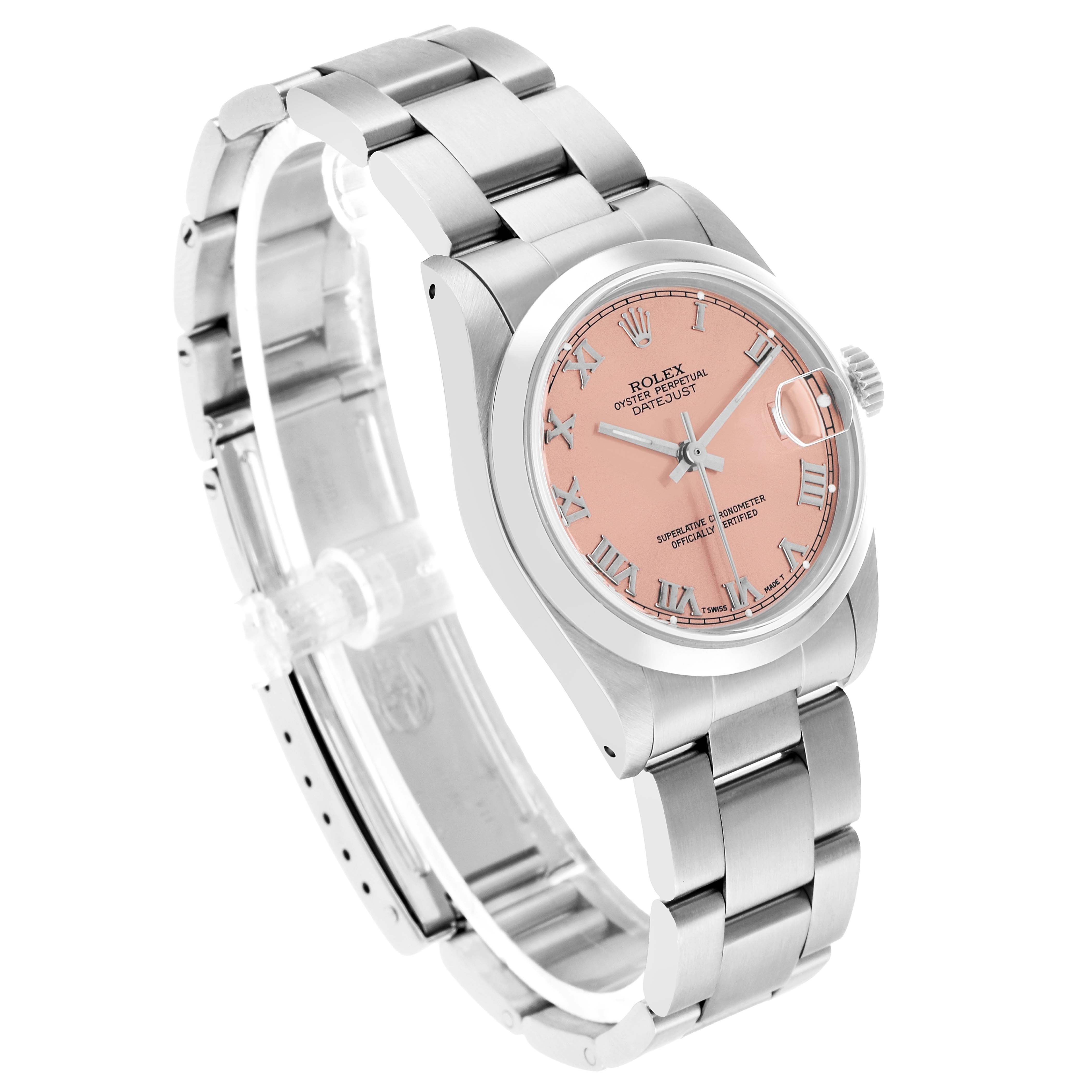 The Rolex Datejust 68240 Women's Stainless Steel Pink Dial watch is shown at a three-quarter angle, displaying the bracelet, case, dial, and crown.