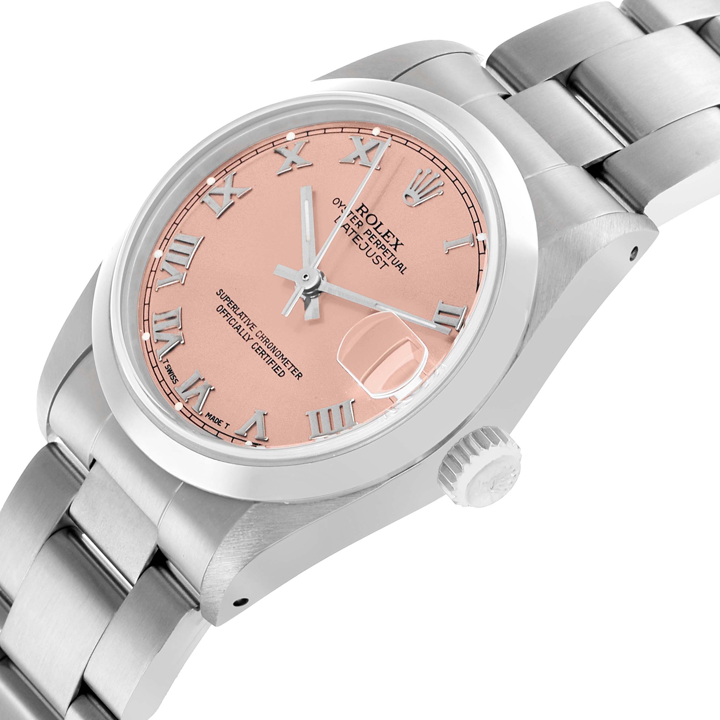 The Rolex Datejust 68240 Women's Stainless Steel Pink Dial watch is shown at an angle highlighting the pink dial, crown, and part of the bracelet.