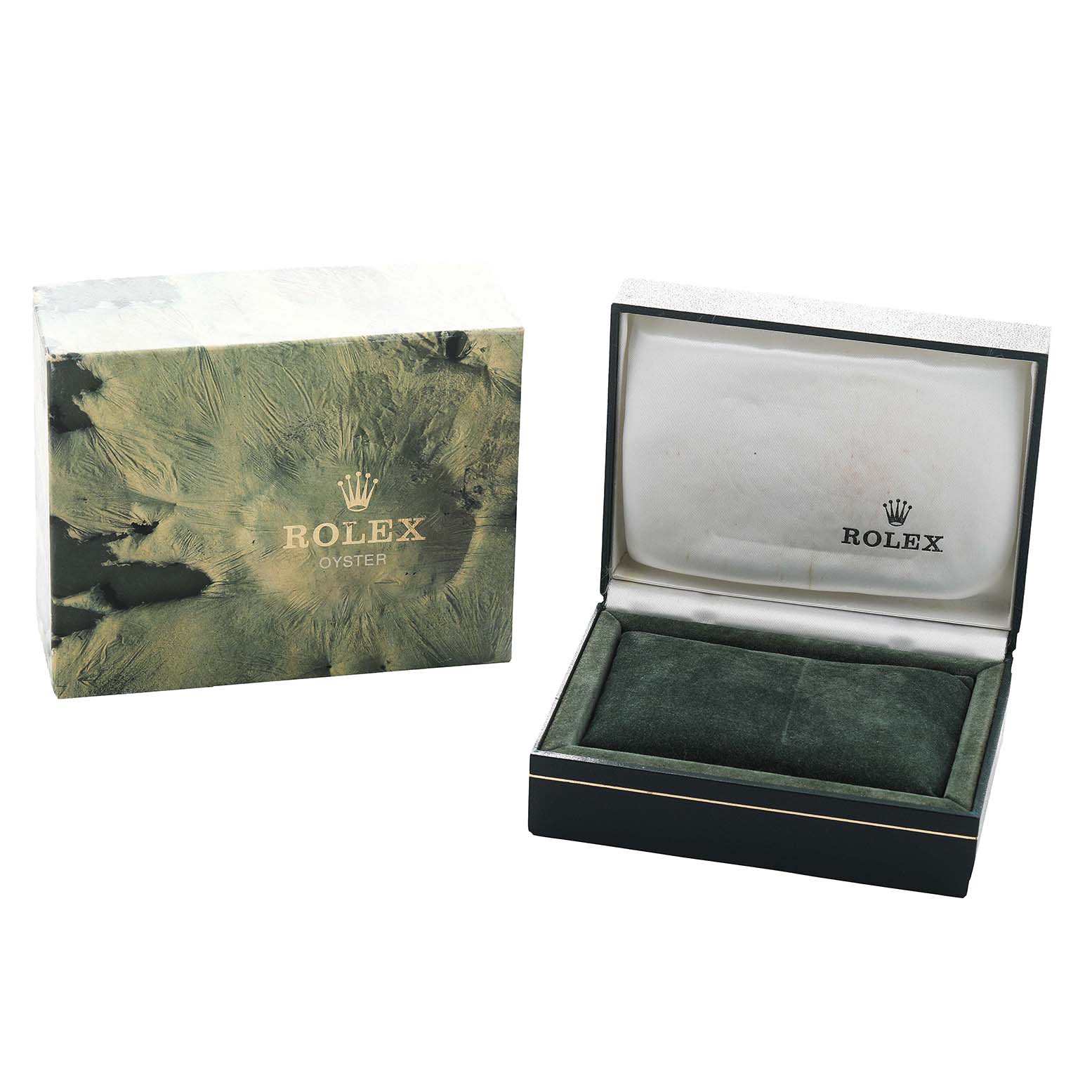 The image shows an open green Rolex Oyster box with a matching outer box for the Rolex Datejust 68240 Women's Stainless Steel Pink Dial model.