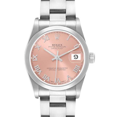 The Rolex Datejust 68240 Women's Stainless Steel Pink Dial watch is shown from a front view, displaying the dial, bezel, bracelet, and crown.