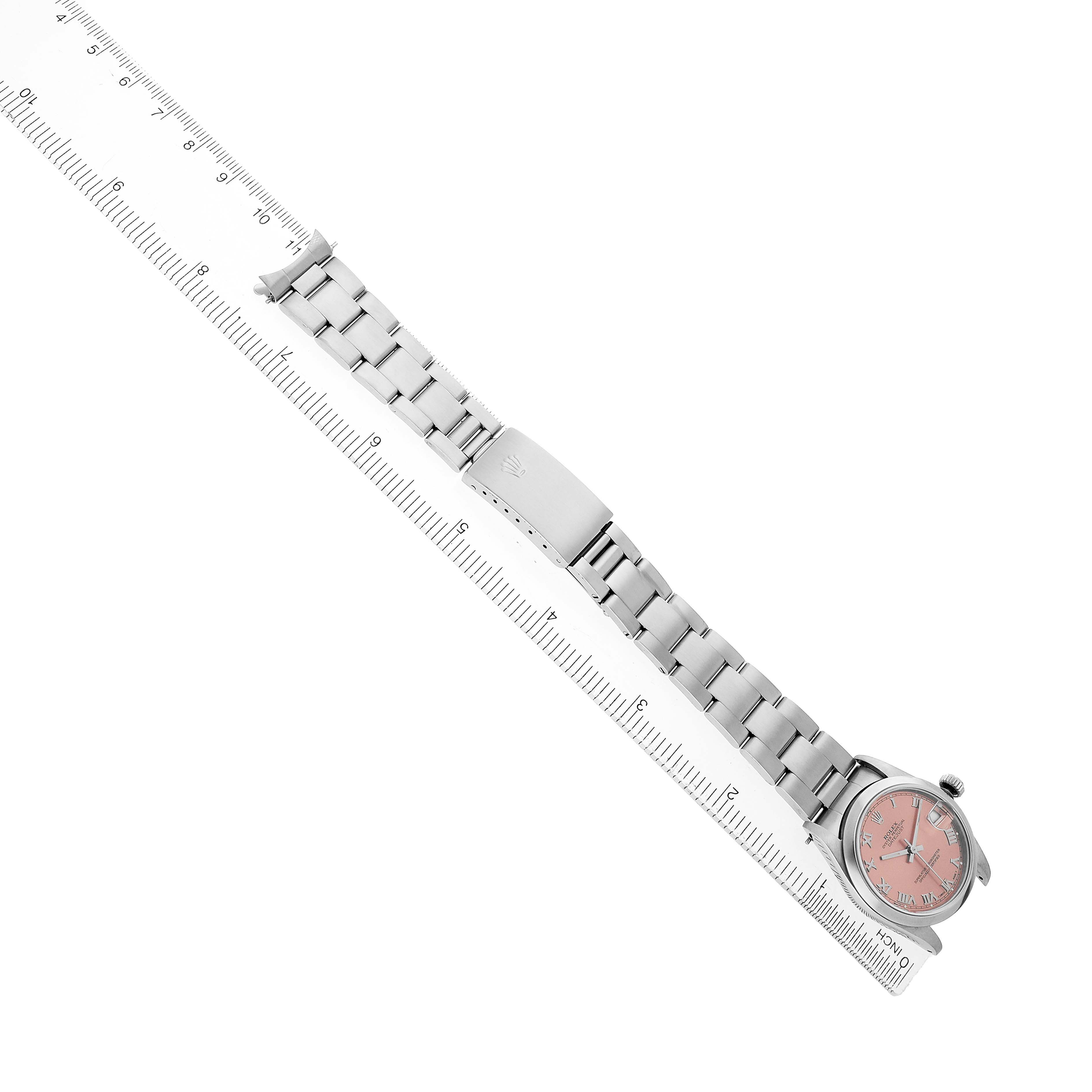 The Rolex Datejust 68240 Women's Stainless Steel Pink Dial watch is shown from a top-down angle, displaying the face, full band, and clasp.