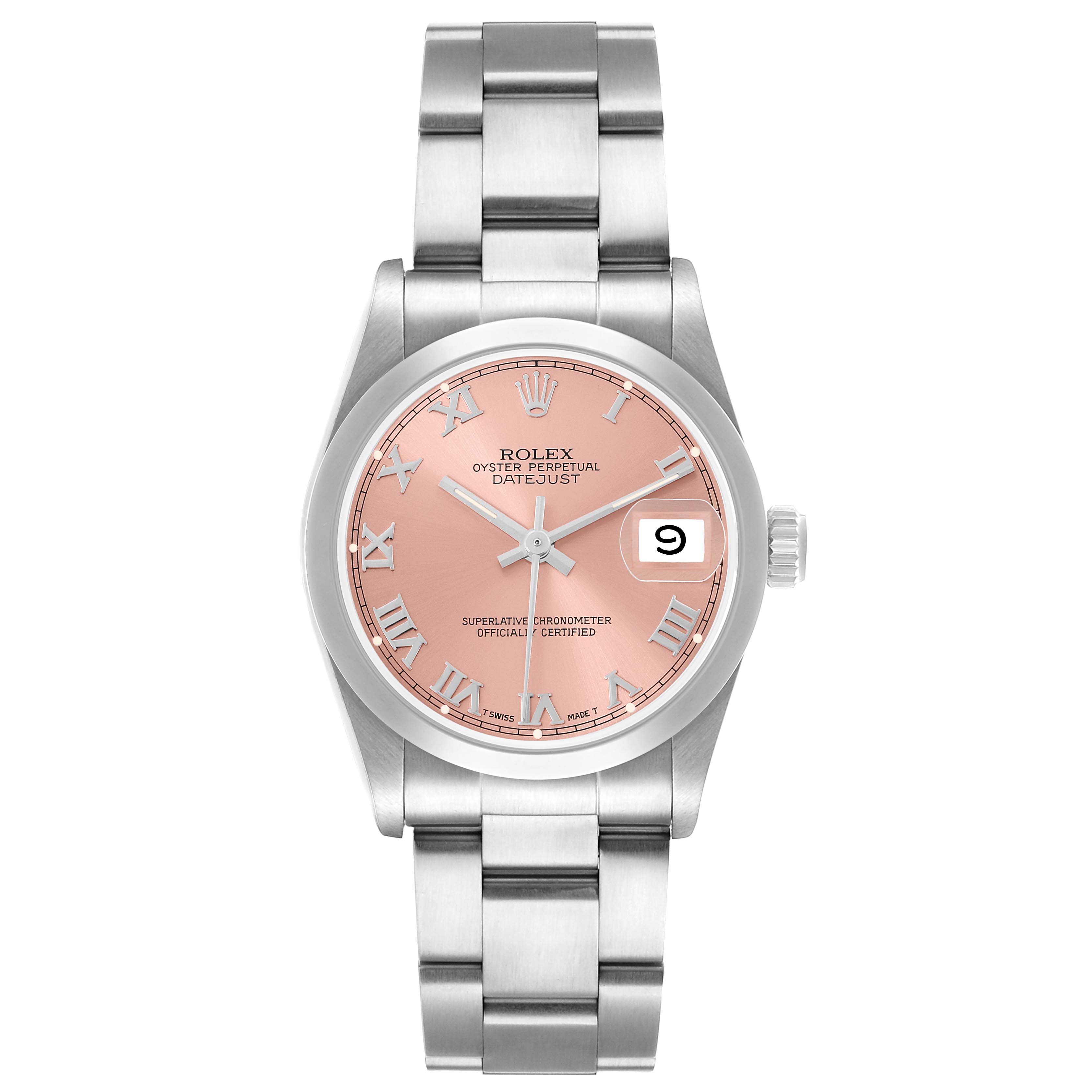 The Rolex Datejust 68240 Women's Stainless Steel Pink Dial watch is shown from the front, displaying its pink dial, roman numerals, and metal bracelet.