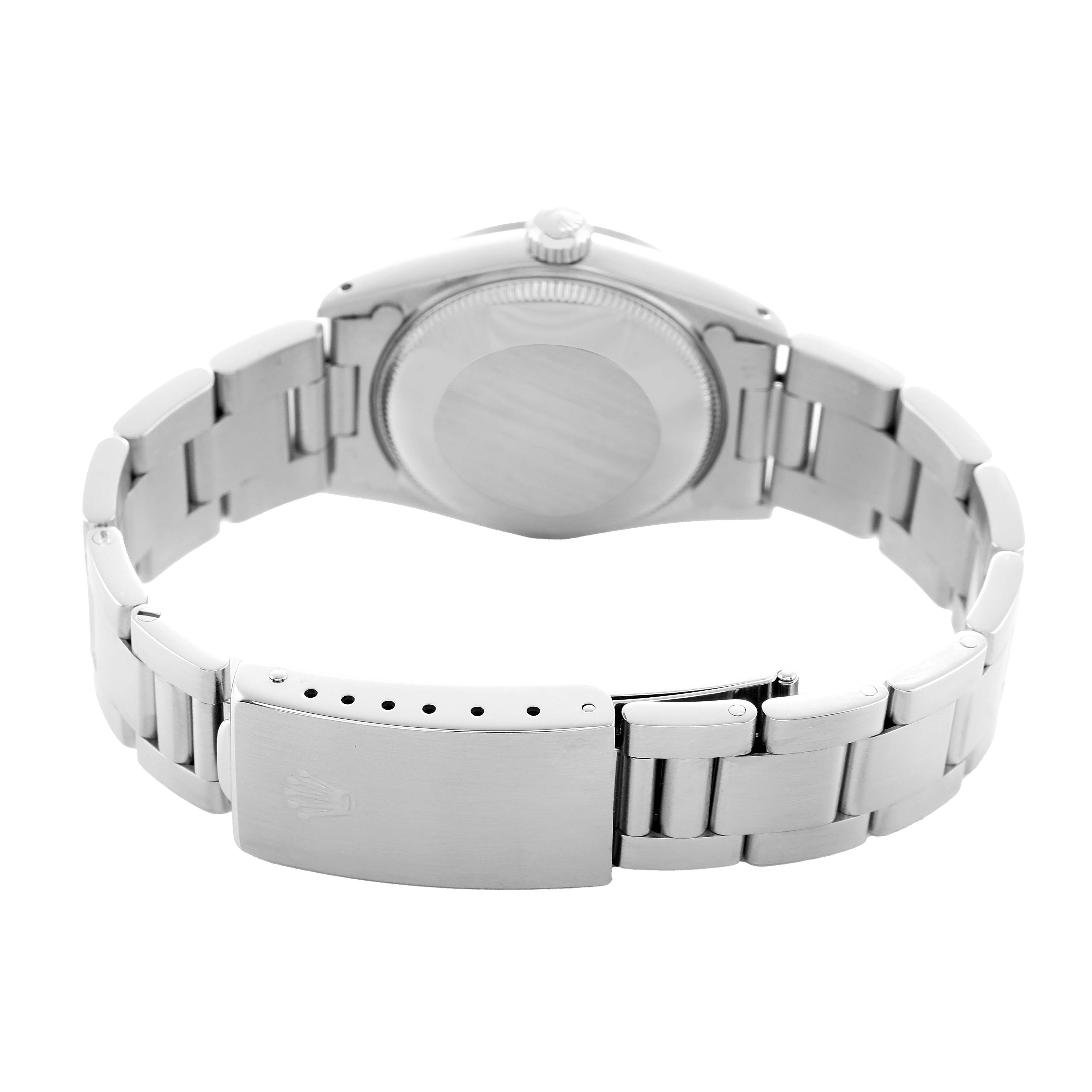 The Rolex Datejust 68240 Women's Stainless Steel Pink Dial watch is shown from the back, highlighting the clasp, band, and rear case.