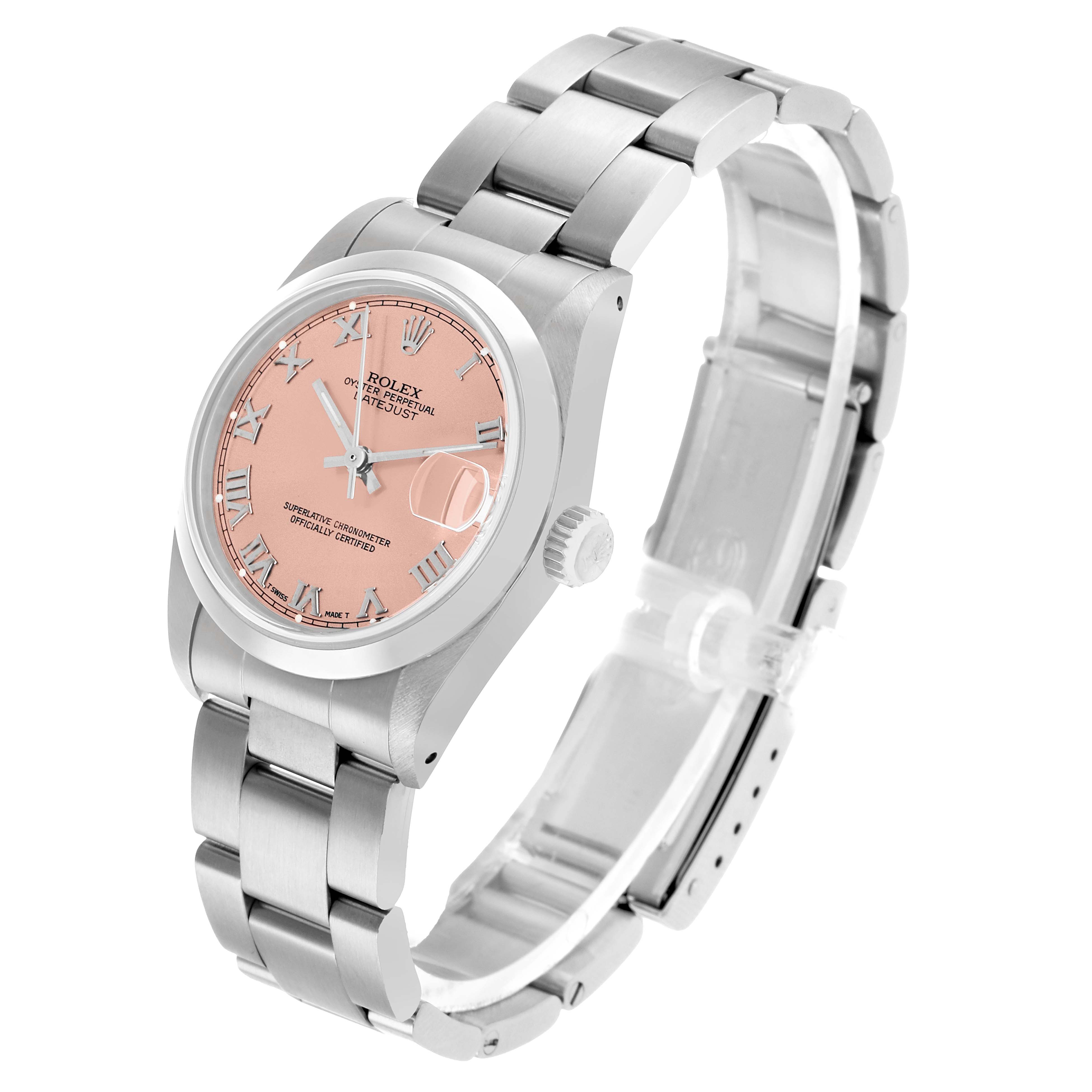 The Rolex Datejust 68240 Women's Stainless Steel Pink Dial watch is shown at a three-quarter angle, highlighting its face, bezel, bracelet, and crown.