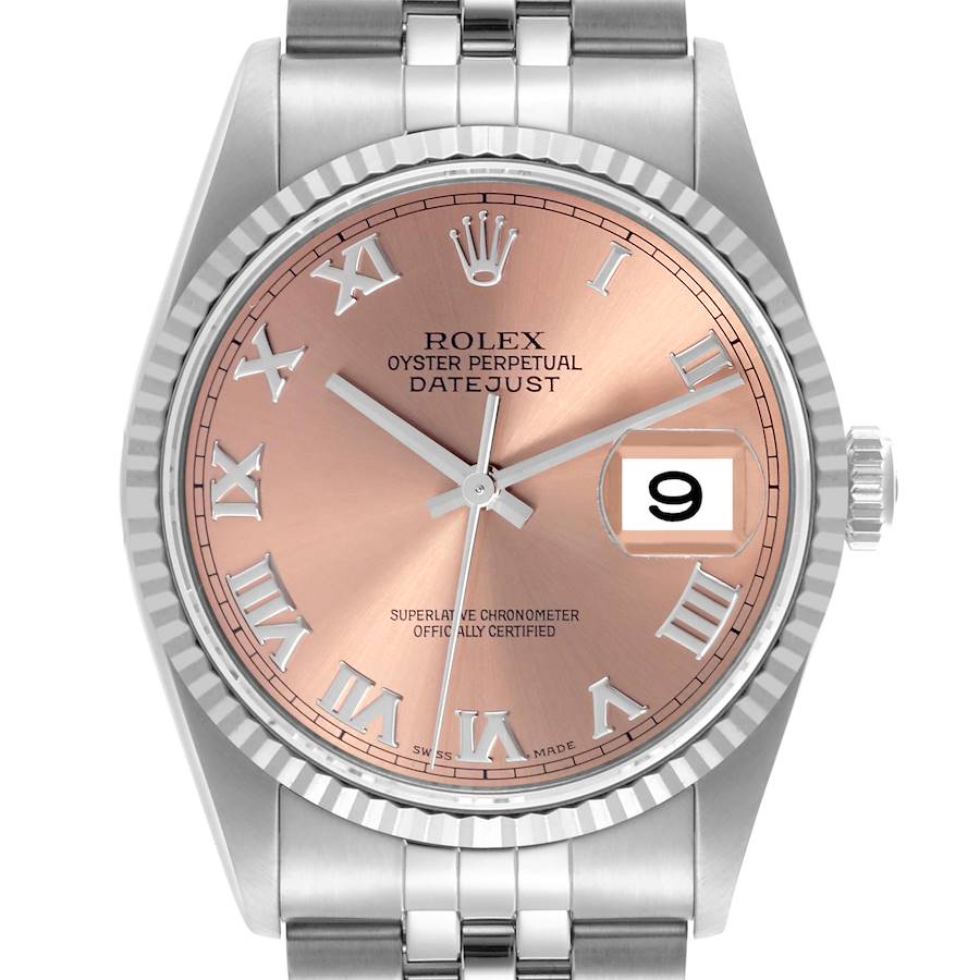 The image shows the front view of a Rolex Datejust watch, highlighting the dial, bezel, crown, and part of the bracelet.