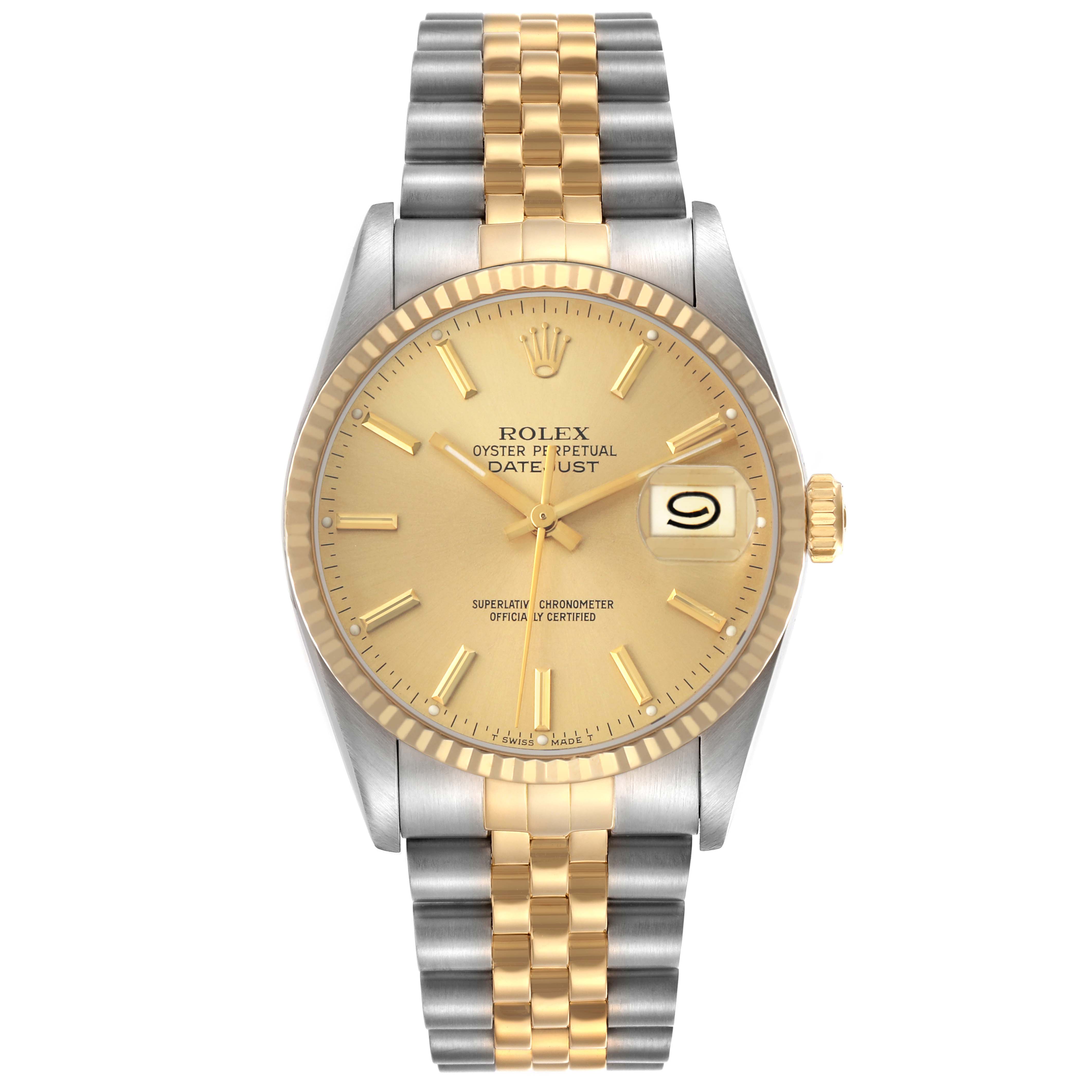 The Rolex Datejust 16233 Men's Steel and Gold (two tone) Champagne Dial watch is shown from the front, highlighting the gold and silver bracelet, dial, and date window.