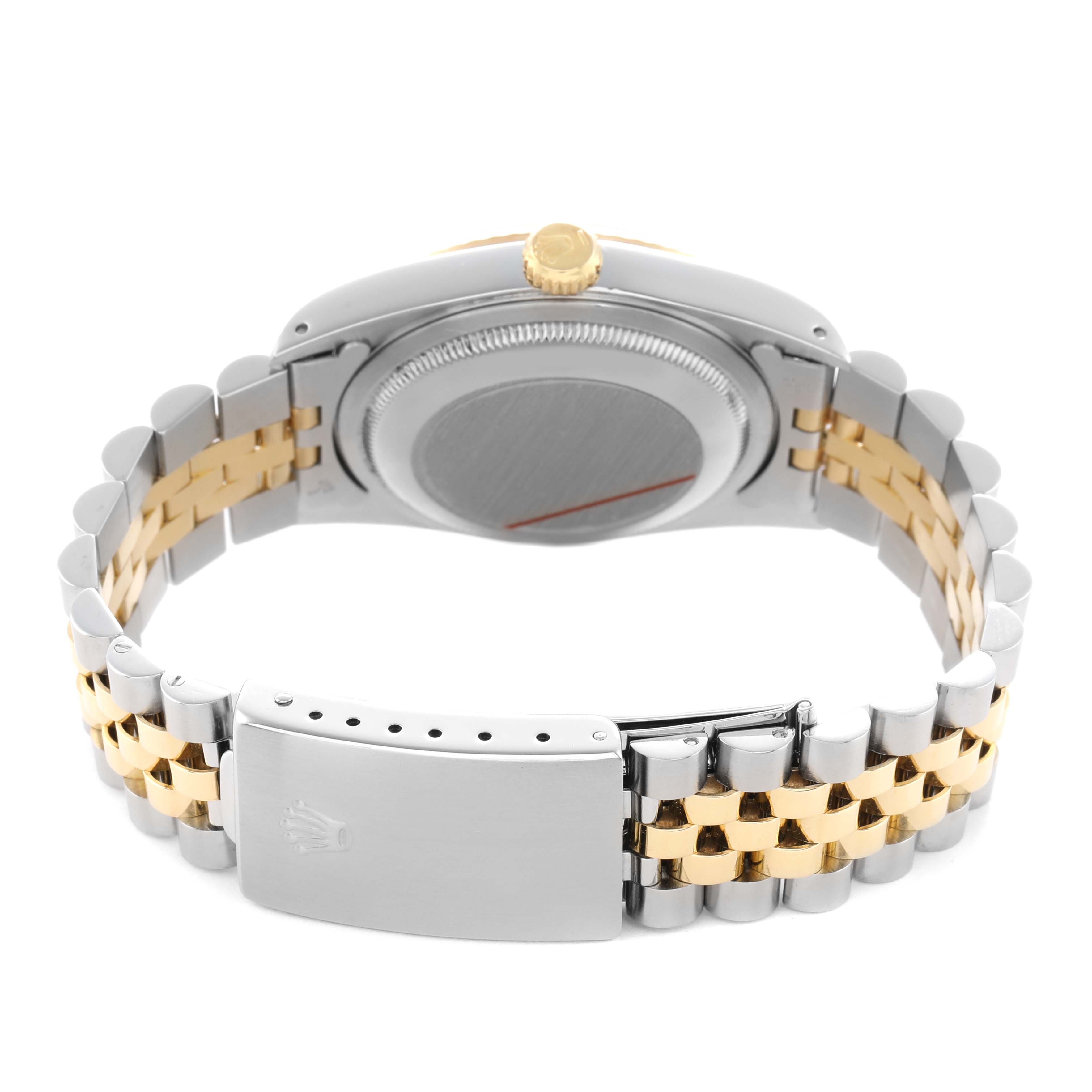The image shows the back and bracelet of a Rolex Datejust 16233 Men's Steel and Gold (two tone) Champagne Dial watch, highlighting its two-tone metal links and clasp.