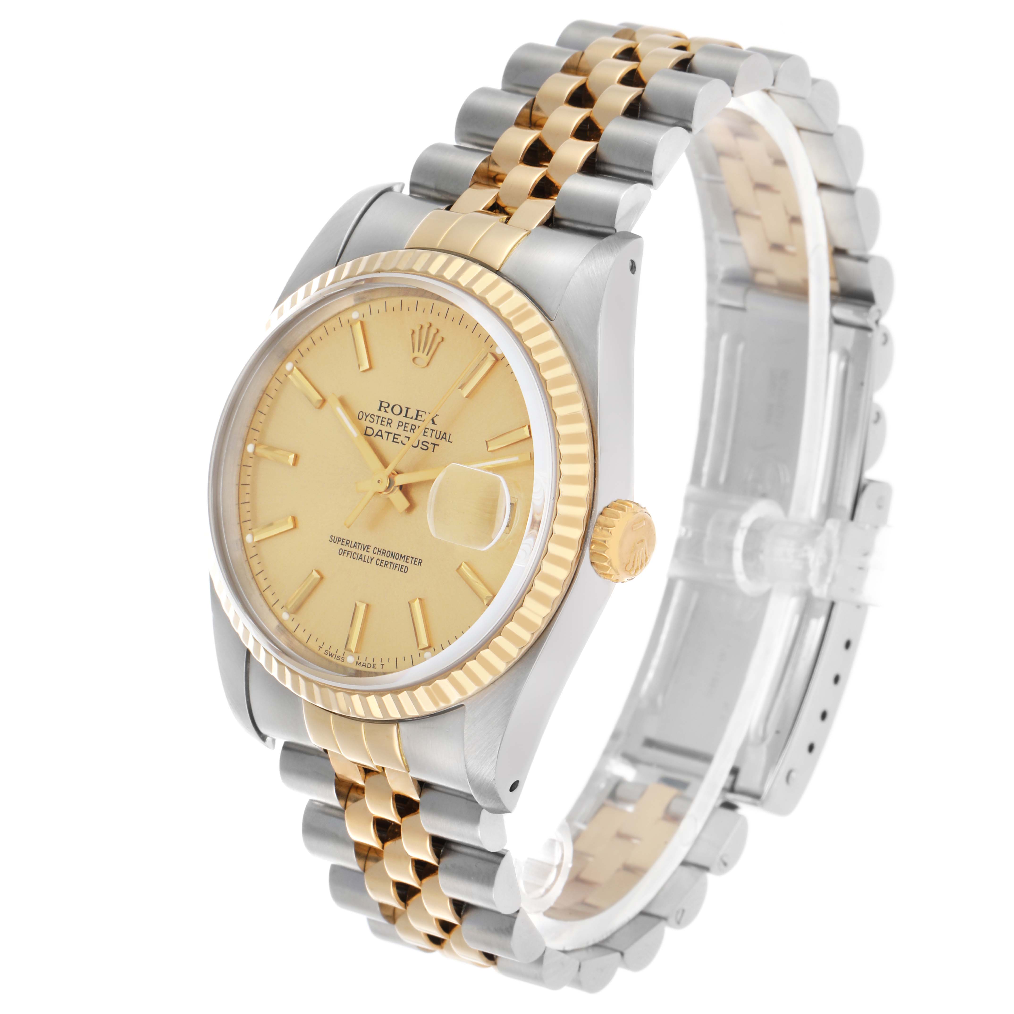 The Rolex Datejust 16233 Men's Steel and Gold (two tone) Champagne Dial watch is shown at a slightly tilted angle, highlighting its face, bezel, and two-tone bracelet.
