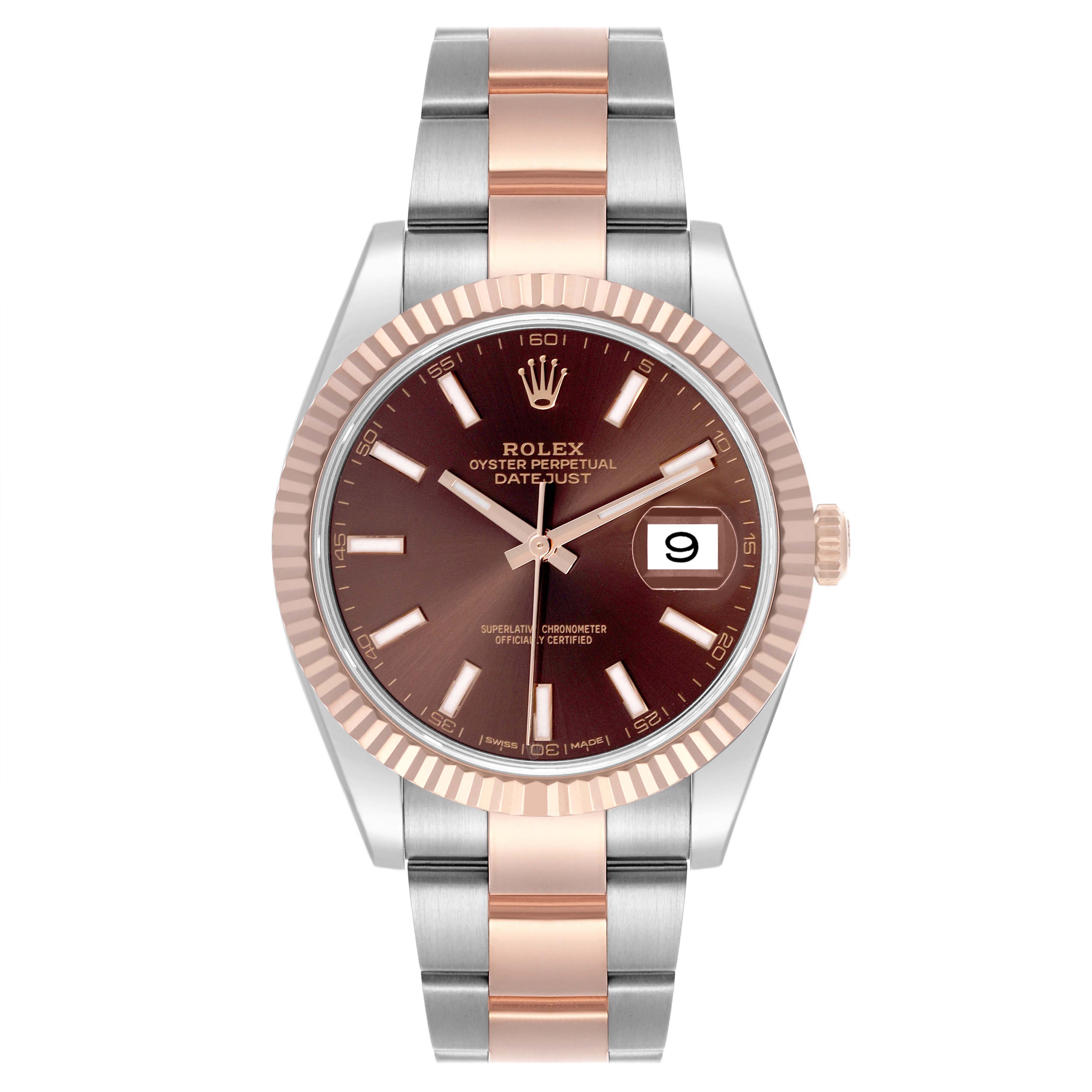 The Rolex Datejust 41 126331 Men
s Steel and Gold (two tone) Brown Dial 126331 Men
s Steel and Gold (two tone) Brown Dial is shown from the front, highlighting the dial, bezel, crown, and two-tone bracelet.