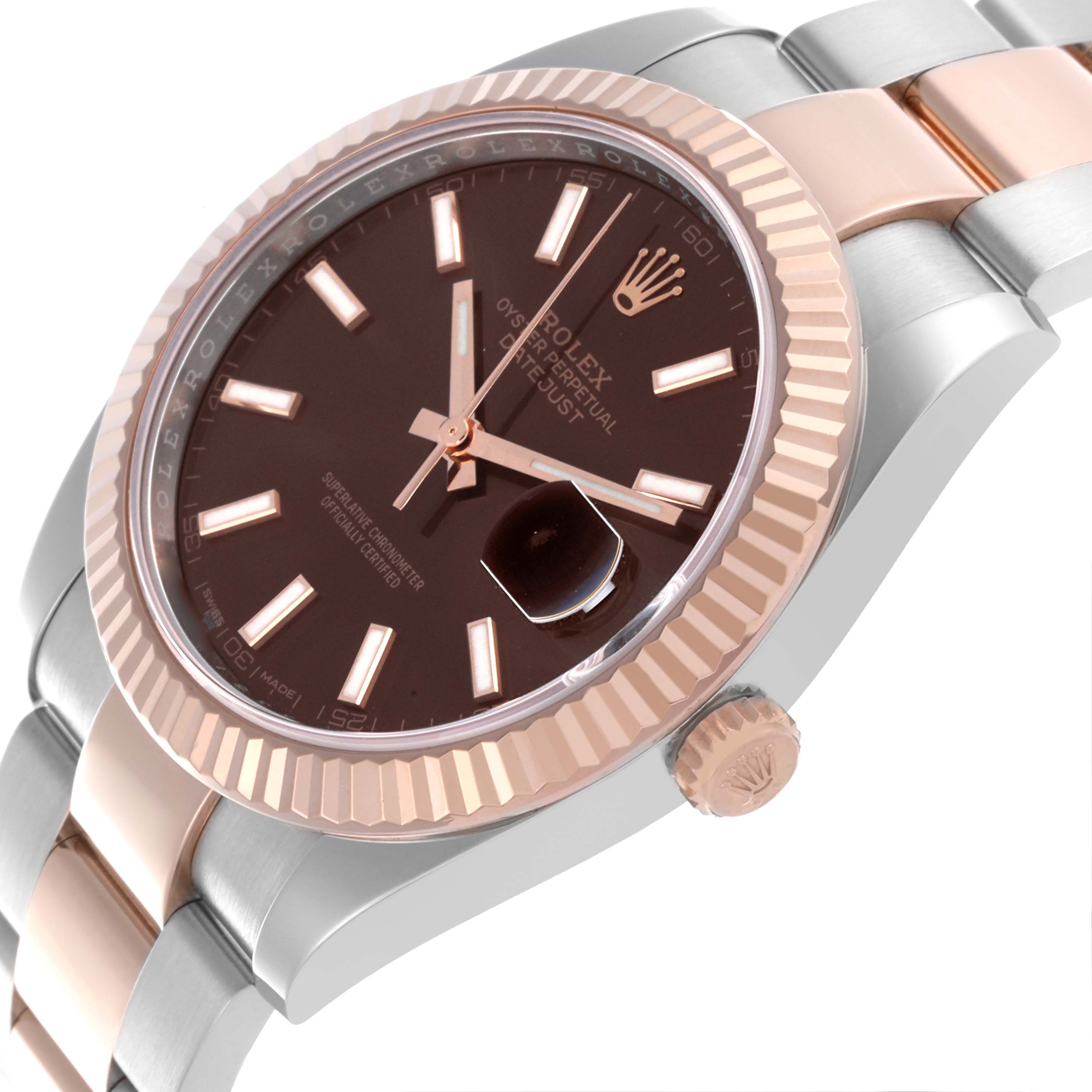 The image shows a side view of the Rolex Datejust 41 126331 Men
s Steel and Gold (two tone) Brown Dial 126331 Men
s Steel and Gold (two tone) Brown Dial, highlighting the face, fluted bezel, bracelet, and crown.