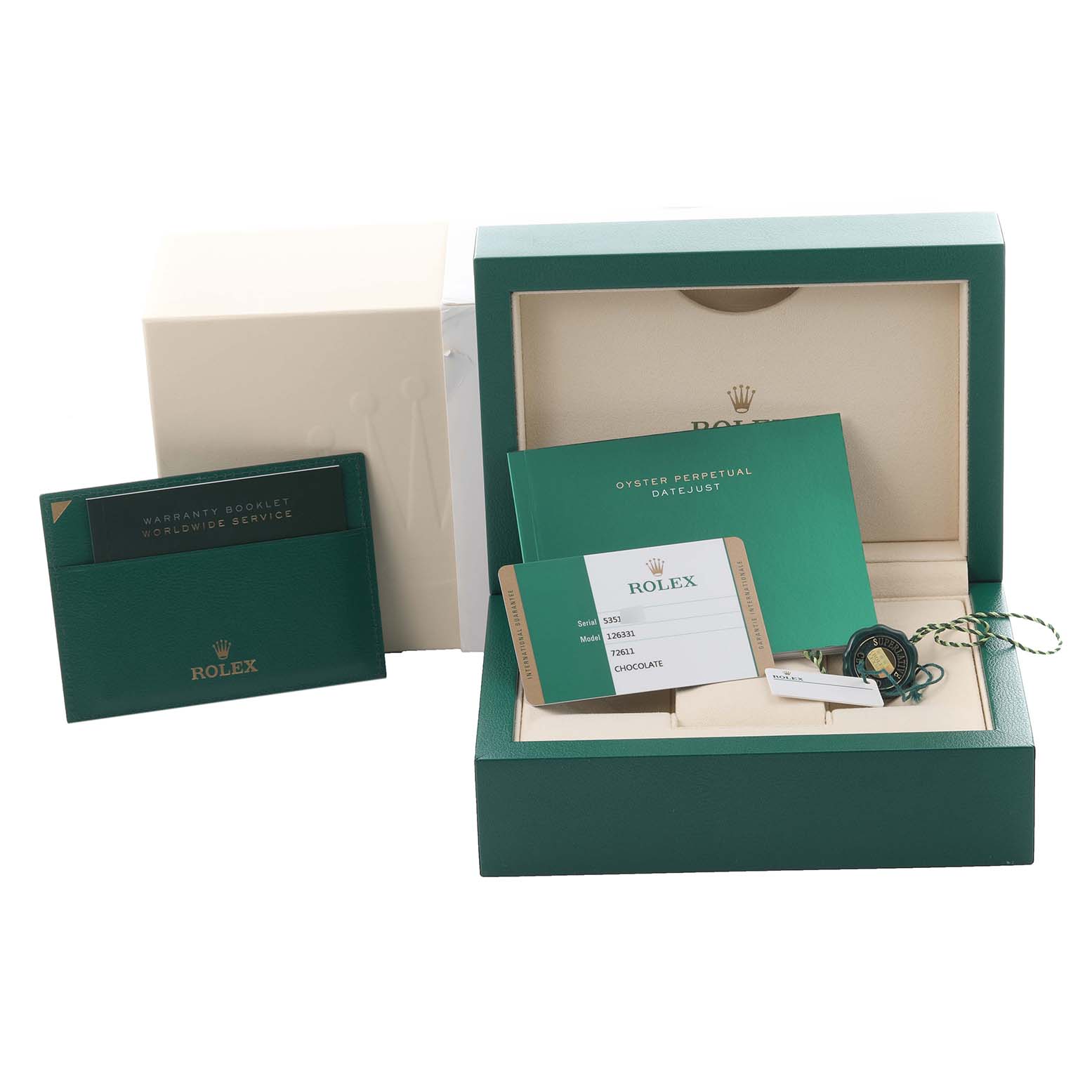The image shows the packaging and warranty documents for a Rolex Datejust 41 126331 Men
s Steel and Gold (two tone) Brown Dial 126331 Men
s Steel and Gold (two tone) Brown Dial watch.
