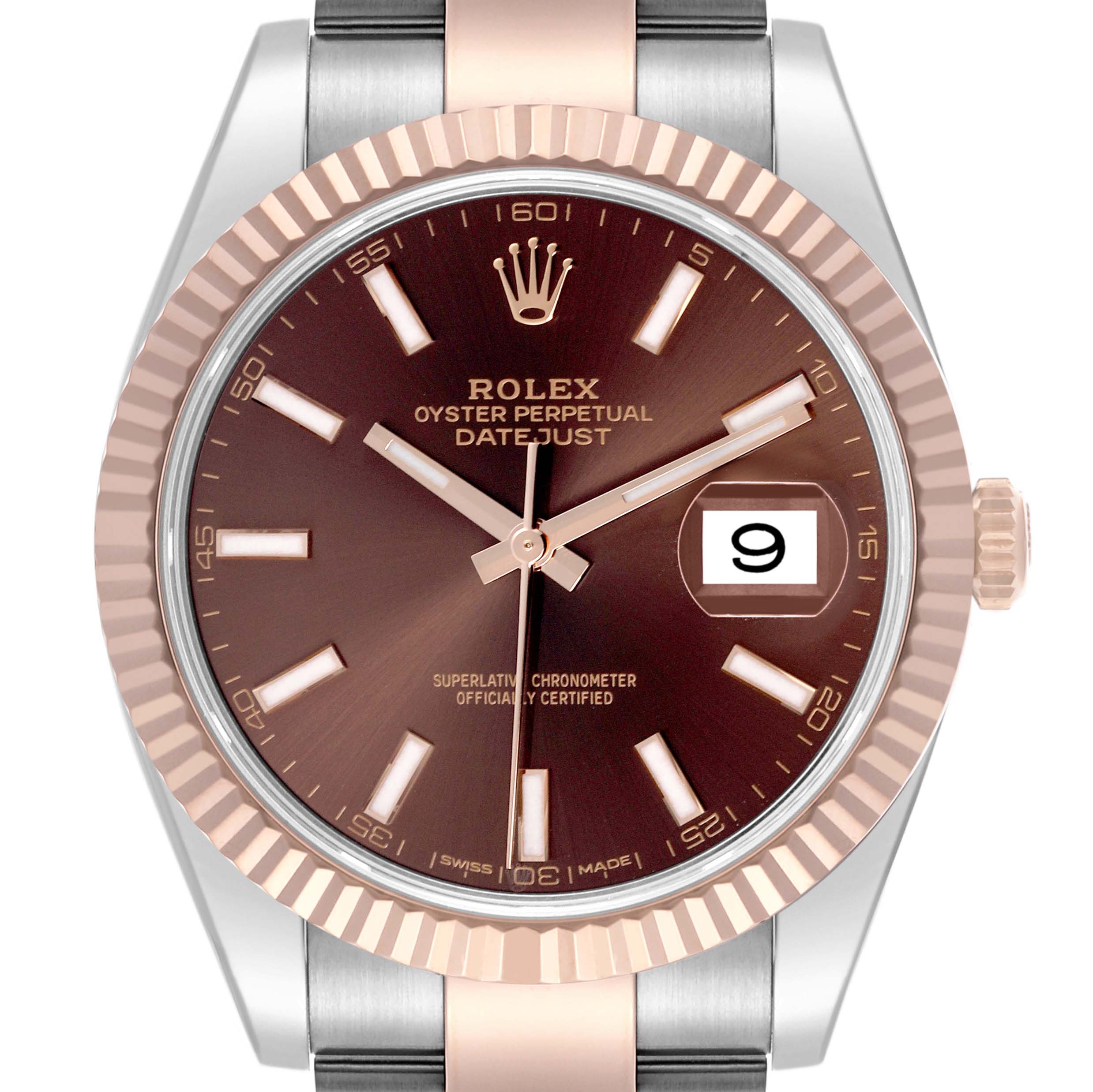 The Rolex Datejust 41 126331 Men
s Steel and Gold (two tone) Brown Dial 126331 Men
s Steel and Gold (two tone) Brown Dial watch is shown from the front, highlighting its dial, hands, and fluted bezel.