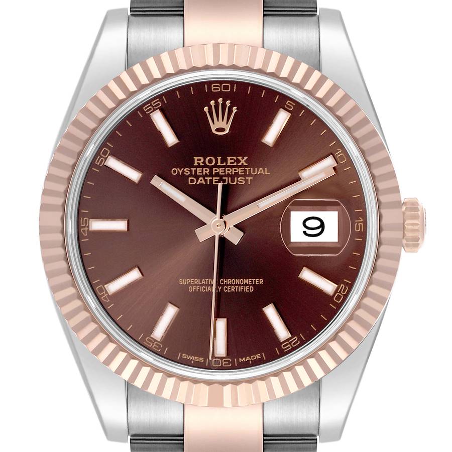 The Rolex Datejust 41 watch is shown from the front, highlighting its dial, hands, and fluted bezel.