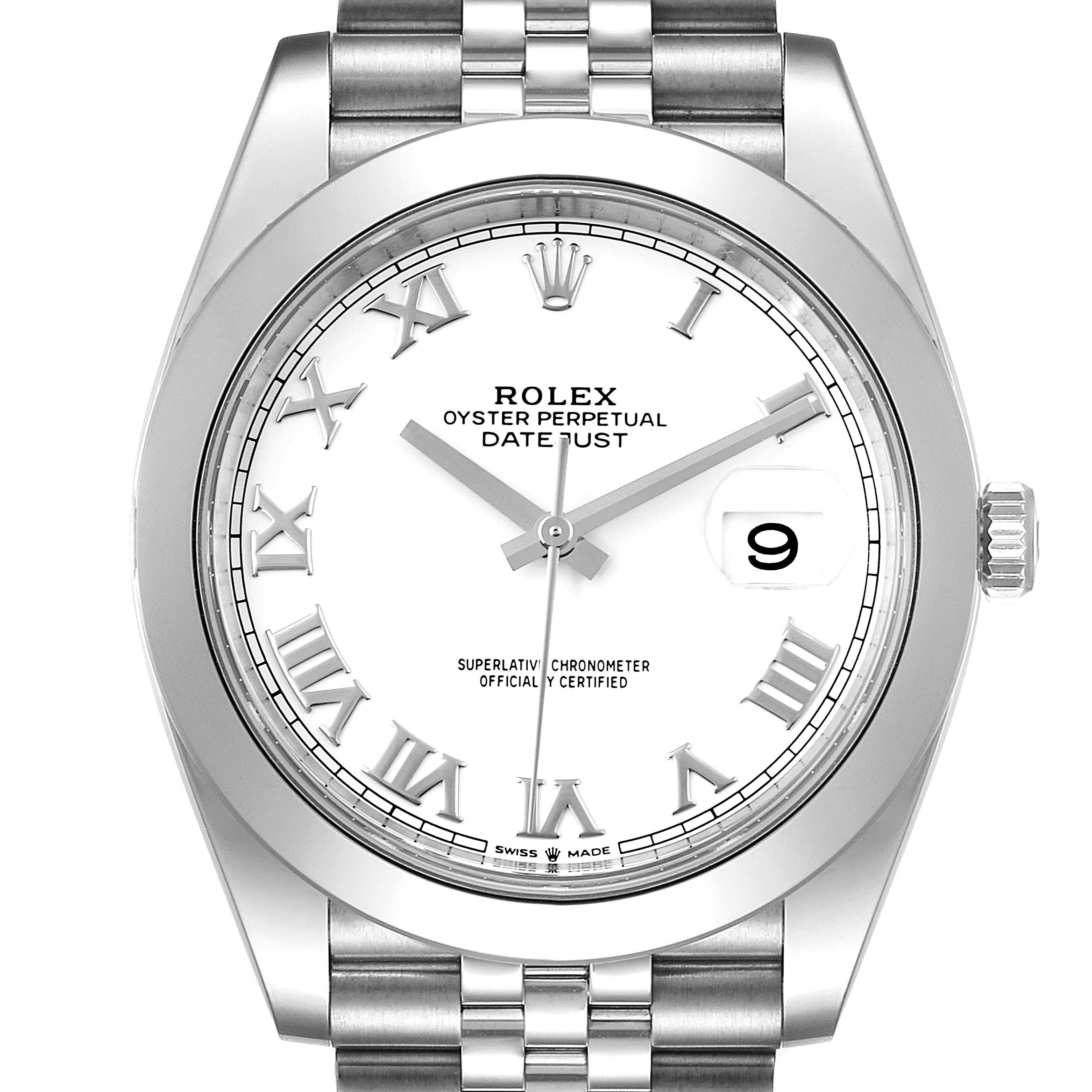 This image shows a front view of the Rolex Datejust 41 126300 Men
s Stainless Steel White Dial 126300 Men
s Stainless Steel White Dial watch, highlighting its face, hands, Roman numerals, and part of the bracelet.