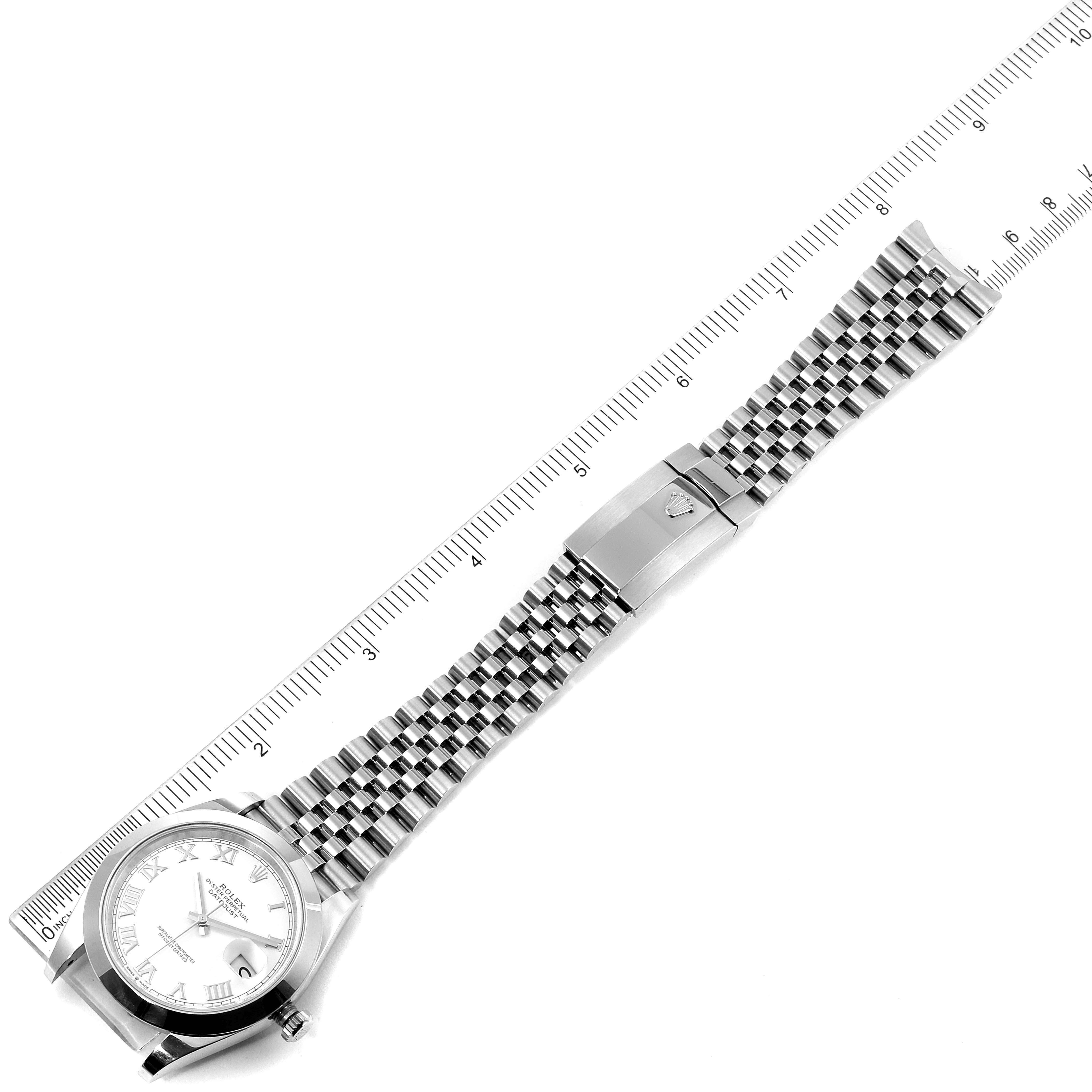 The image shows a top-down view of a Rolex Datejust 41 126300 Men
s Stainless Steel White Dial 126300 Men
s Stainless Steel White Dial watch, highlighting the dial, bracelet, and deployment clasp.