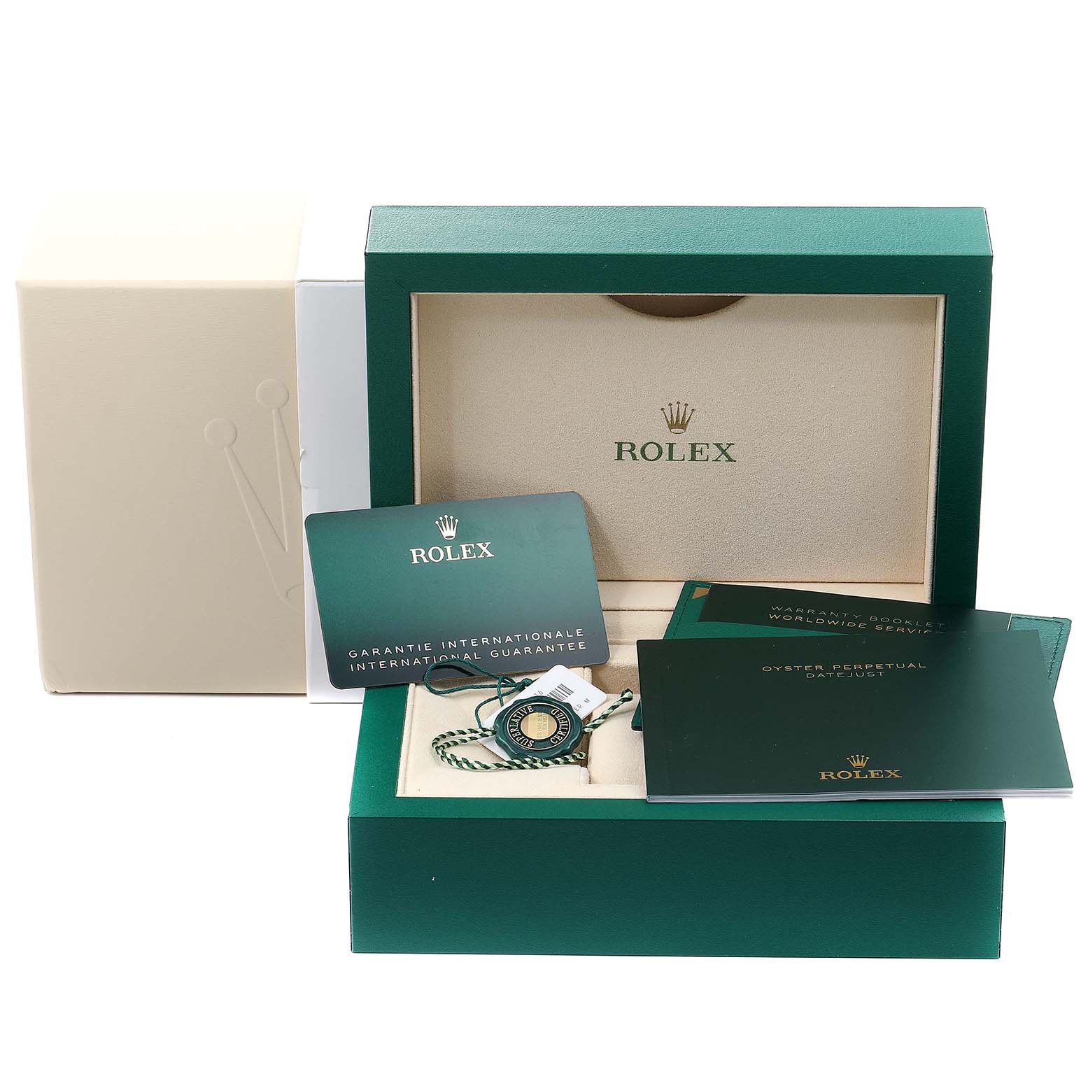 The image shows the packaging, guarantee cards, hang tag, and booklets for a Rolex Datejust 41 126300 Men
s Stainless Steel White Dial 126300 Men
s Stainless Steel White Dial model.