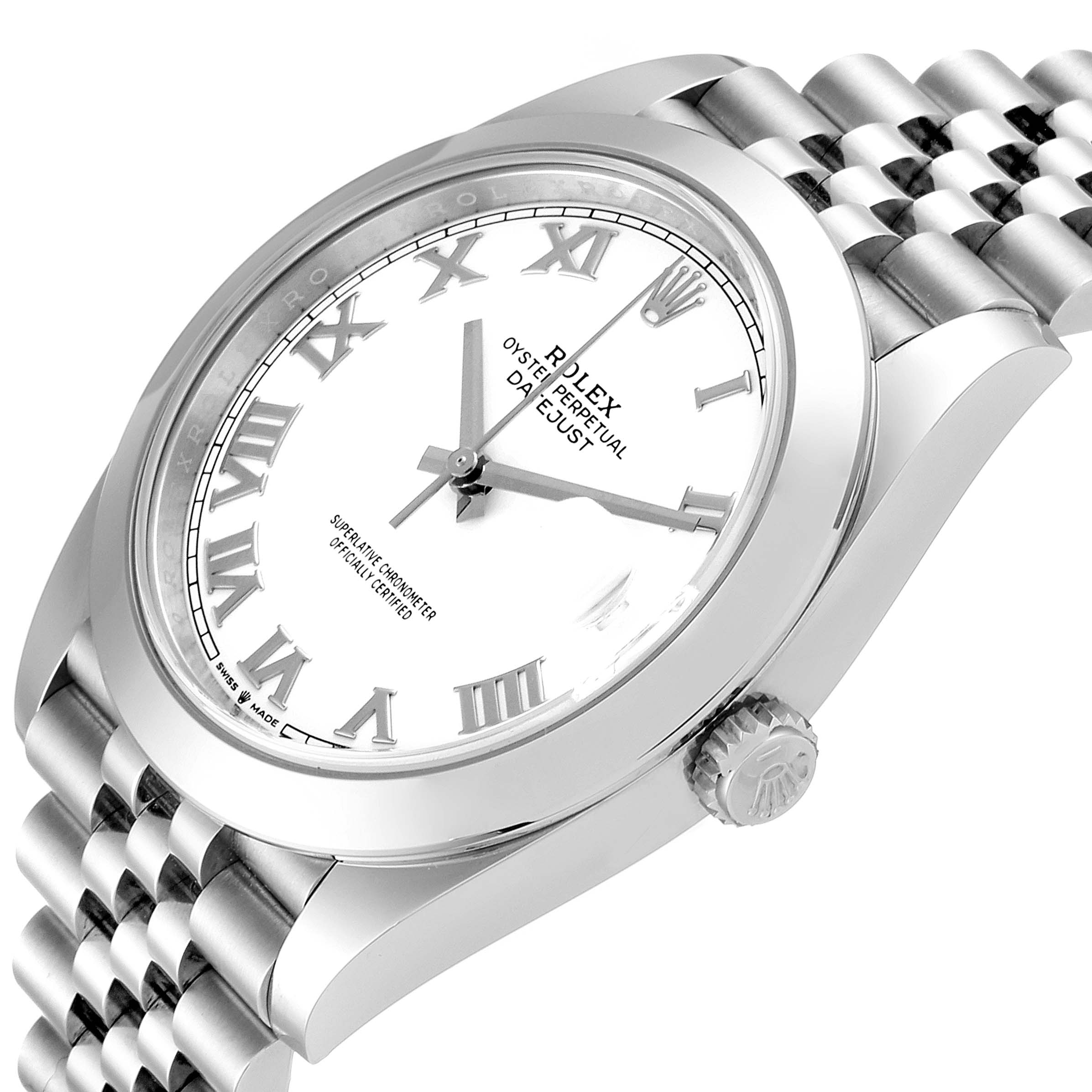 The Rolex Datejust 41 126300 Men
s Stainless Steel White Dial 126300 Men
s Stainless Steel White Dial watch is shown at an angle displaying its face, bezel, crown, and partial bracelet.