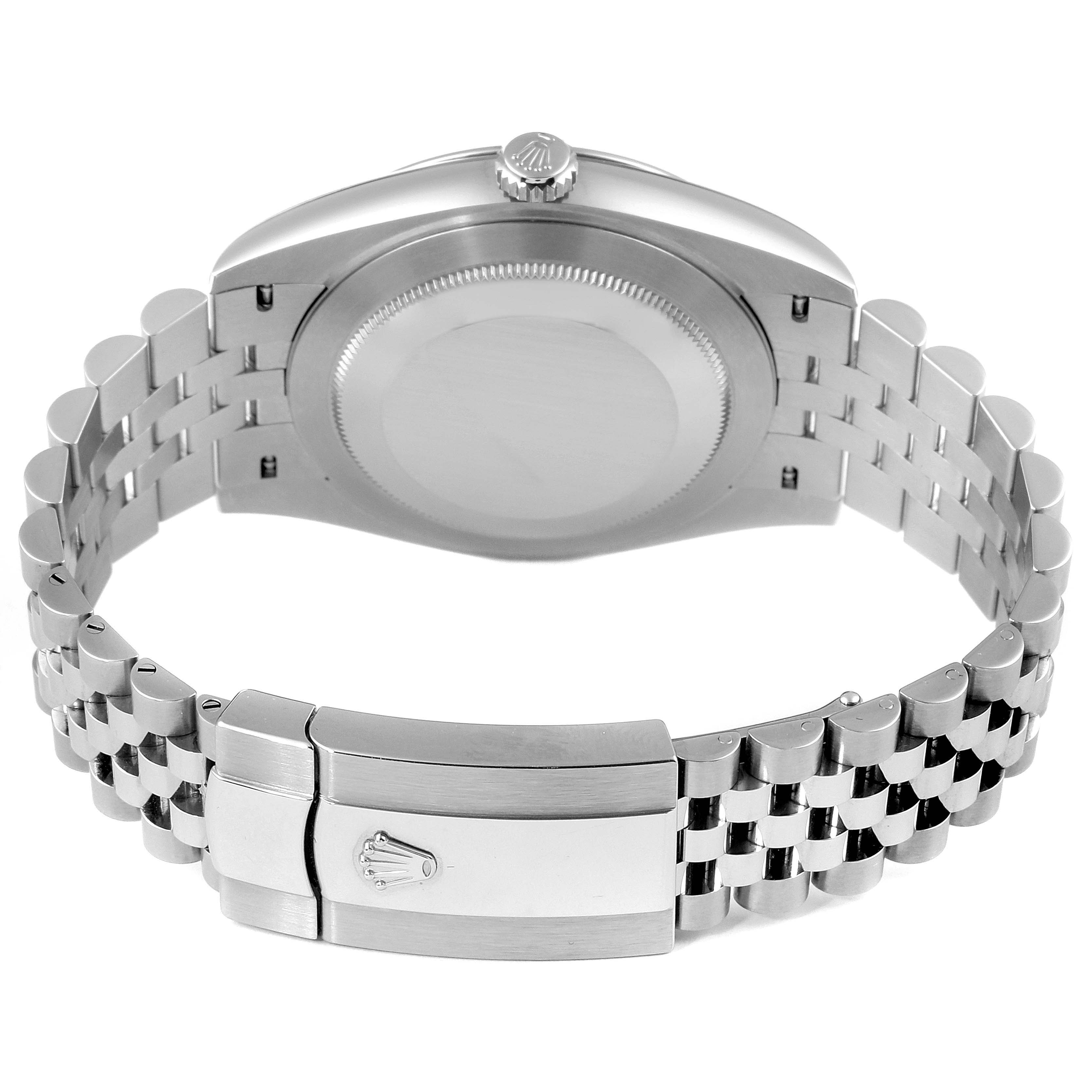 This image shows the back view of a Rolex Datejust 41 126300 Men
s Stainless Steel White Dial 126300 Men
s Stainless Steel White Dial watch, including its caseback, bracelet, and clasp.