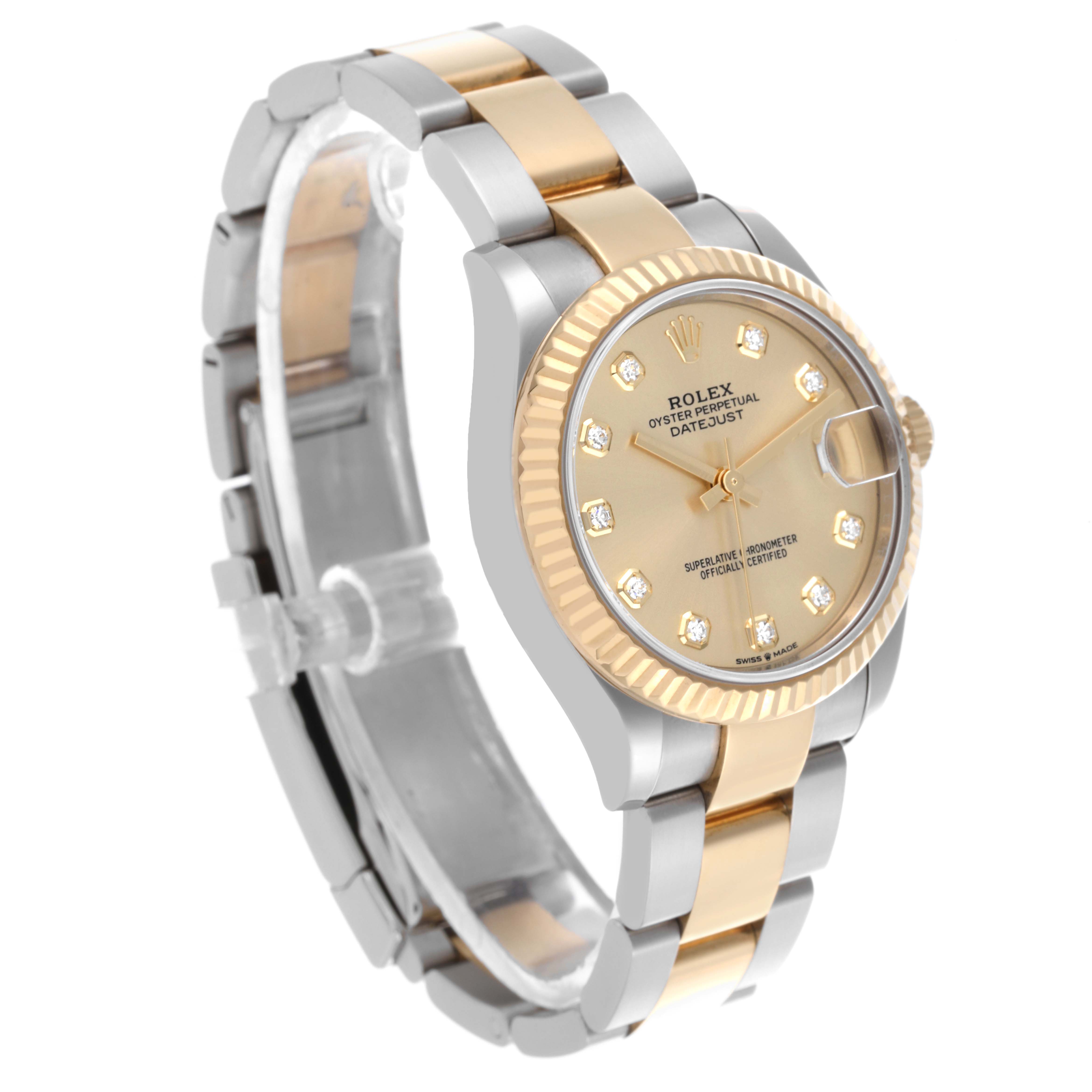 The Rolex Datejust watch is shown at an angled view, highlighting the gold and silver bracelet, fluted bezel, and diamond hour markers.