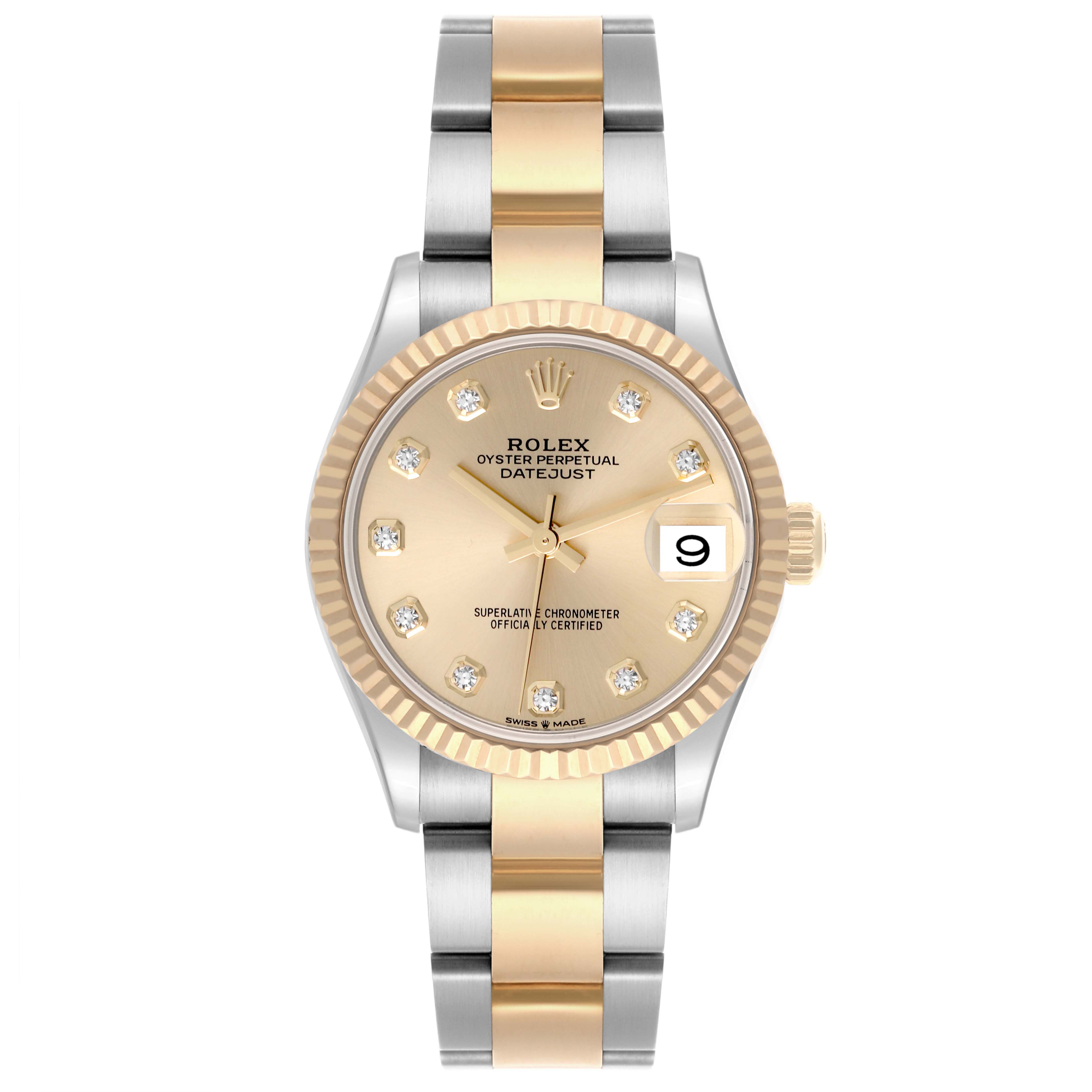 The Rolex Datejust watch is shown from the front, highlighting its bezel, dial, hands, and two-tone bracelet.