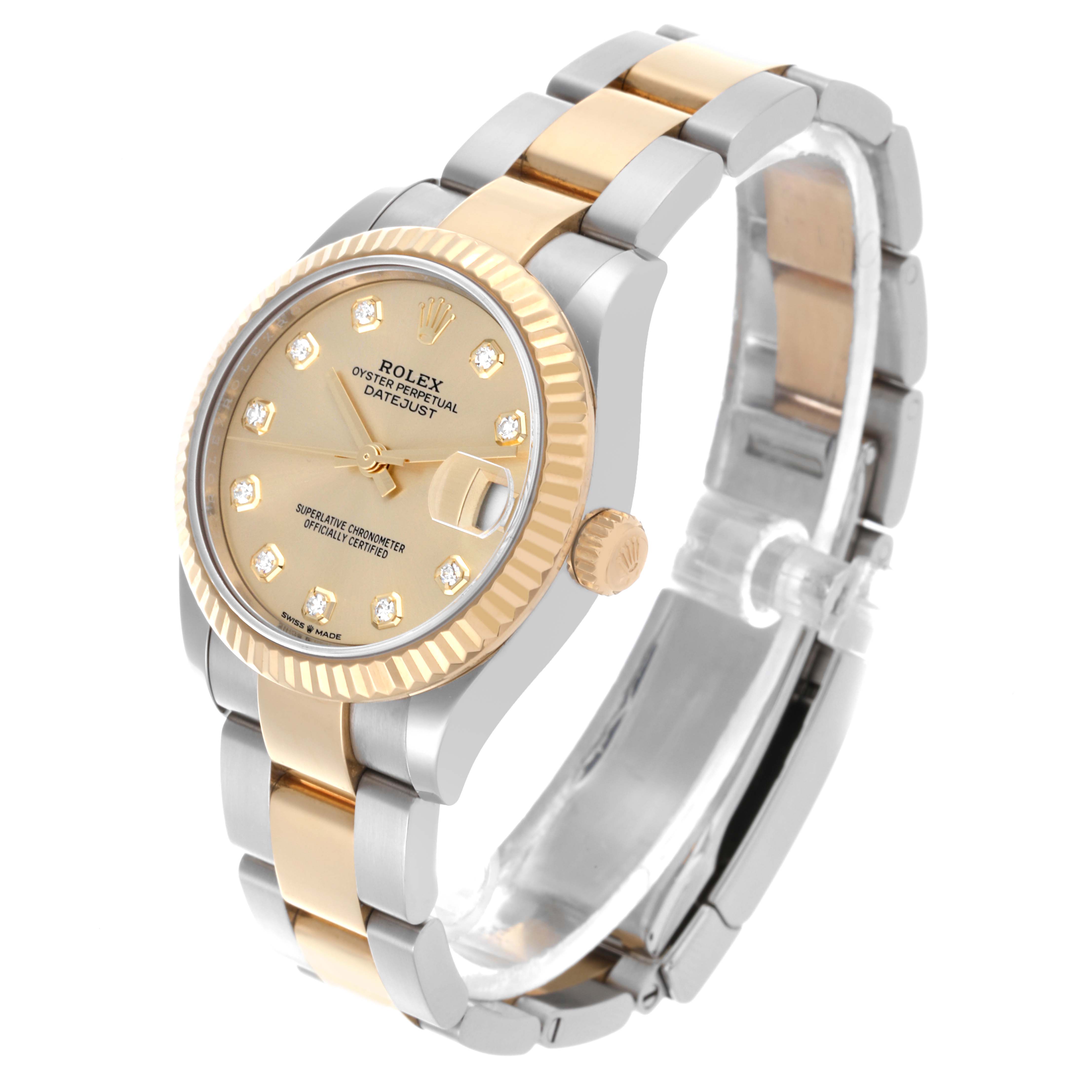 The Rolex Datejust watch is shown at a slight angle, displaying the face, side, and part of the two-tone bracelet.