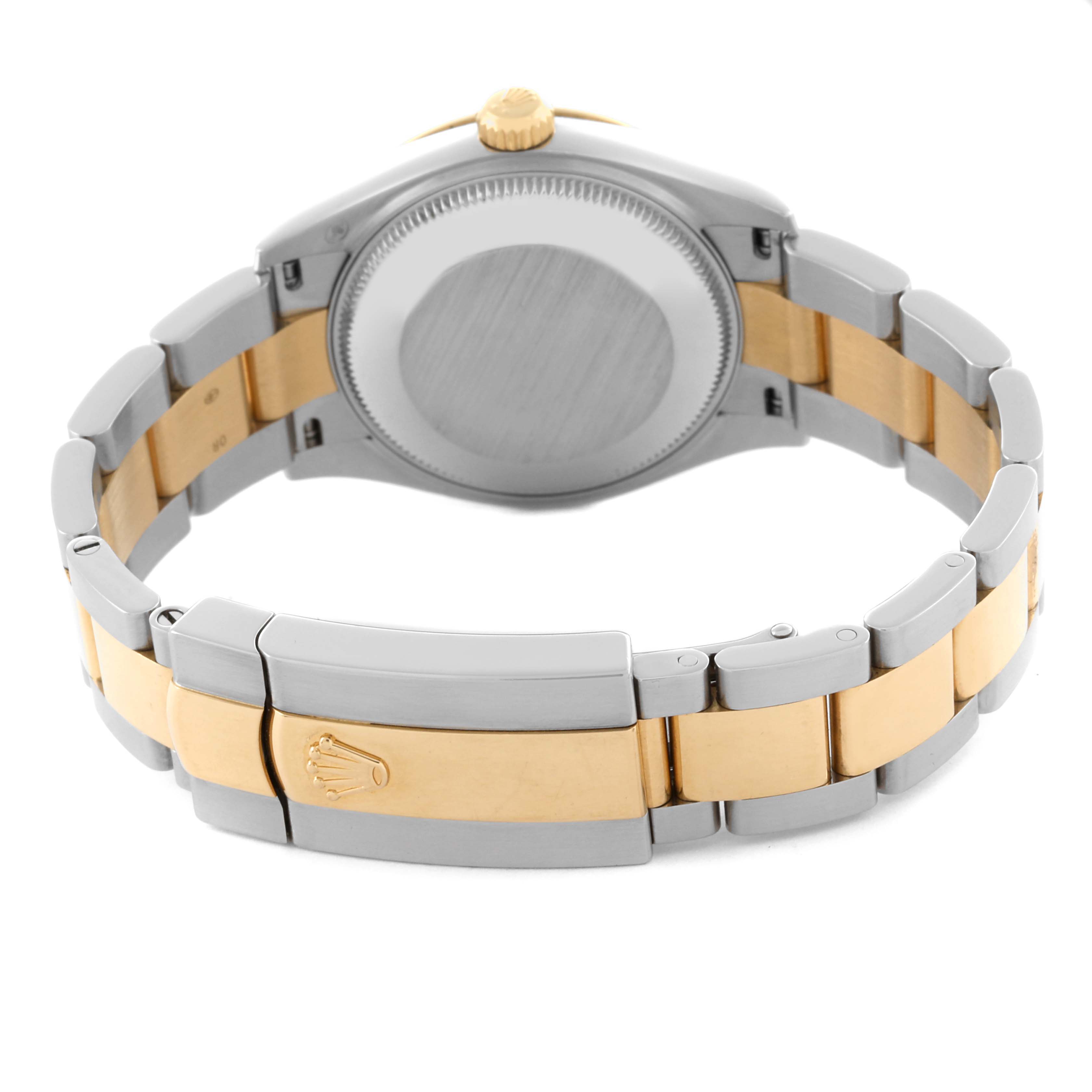 The image shows the back and bracelet of a Rolex Datejust, highlighting the two-tone design and clasp.
