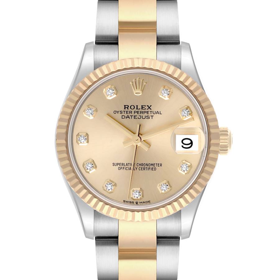 The Rolex Datejust watch is shown from a front view, displaying the dial, crown, bezel, and part of the bracelet.