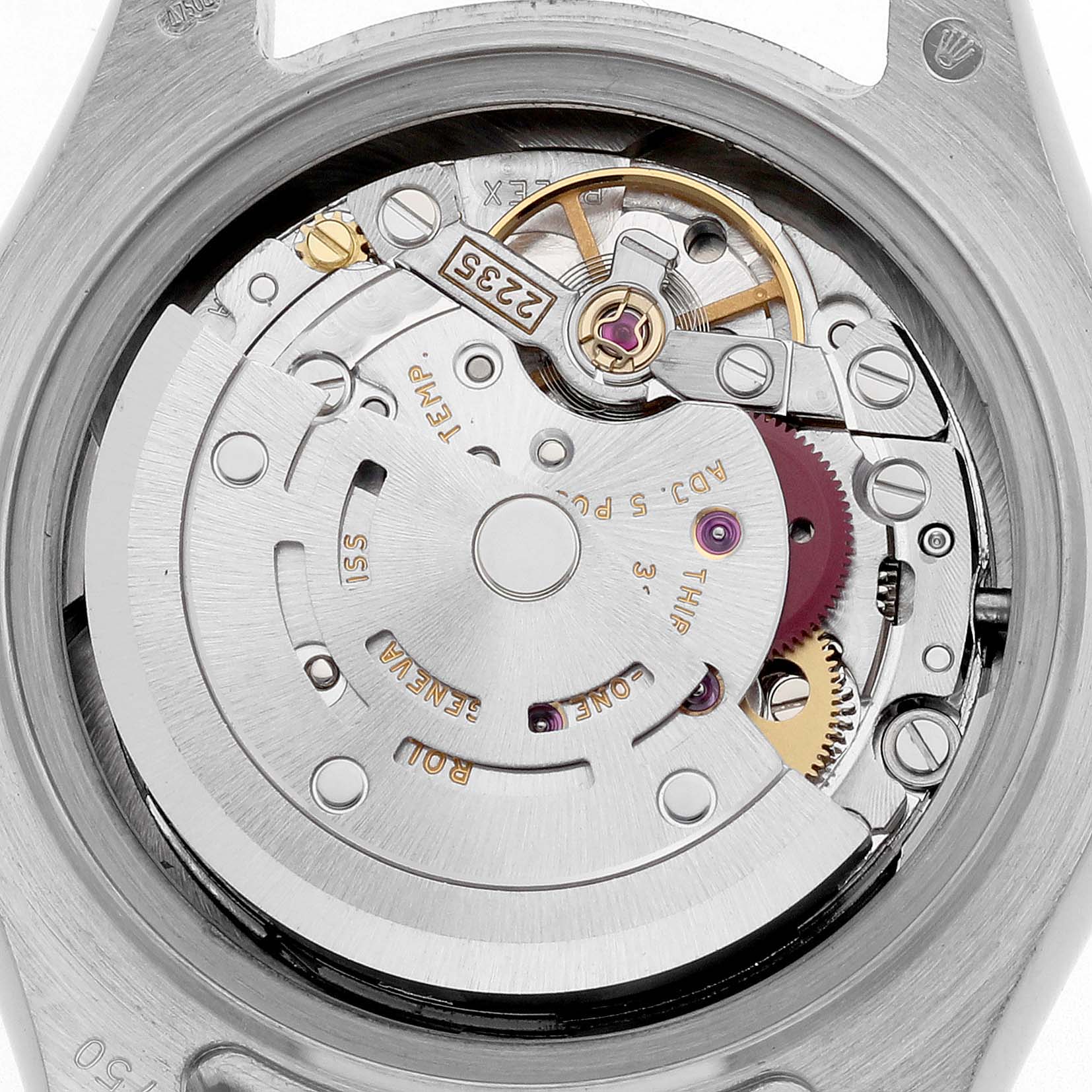 This image shows the back view of the Rolex Pearlmaster 80319 Women
s White Gold Silver Dial 80319 Women
s White Gold Silver Dial watch, highlighting its movement and internal mechanics.