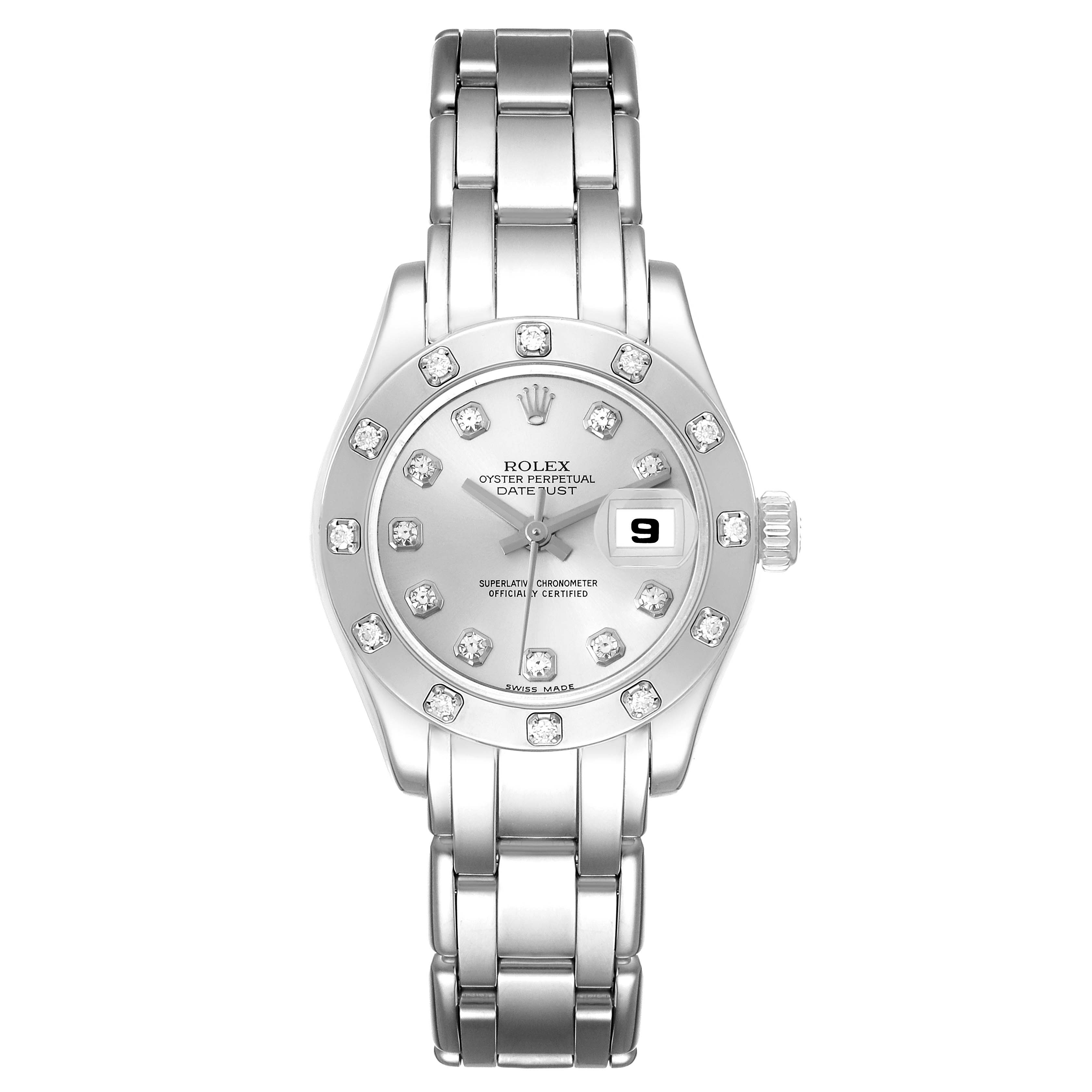 The Rolex Pearlmaster 80319 Women
s White Gold Silver Dial 80319 Women
s White Gold Silver Dial watch is shown from the front, highlighting the dial, bezel, bracelet, and date function.