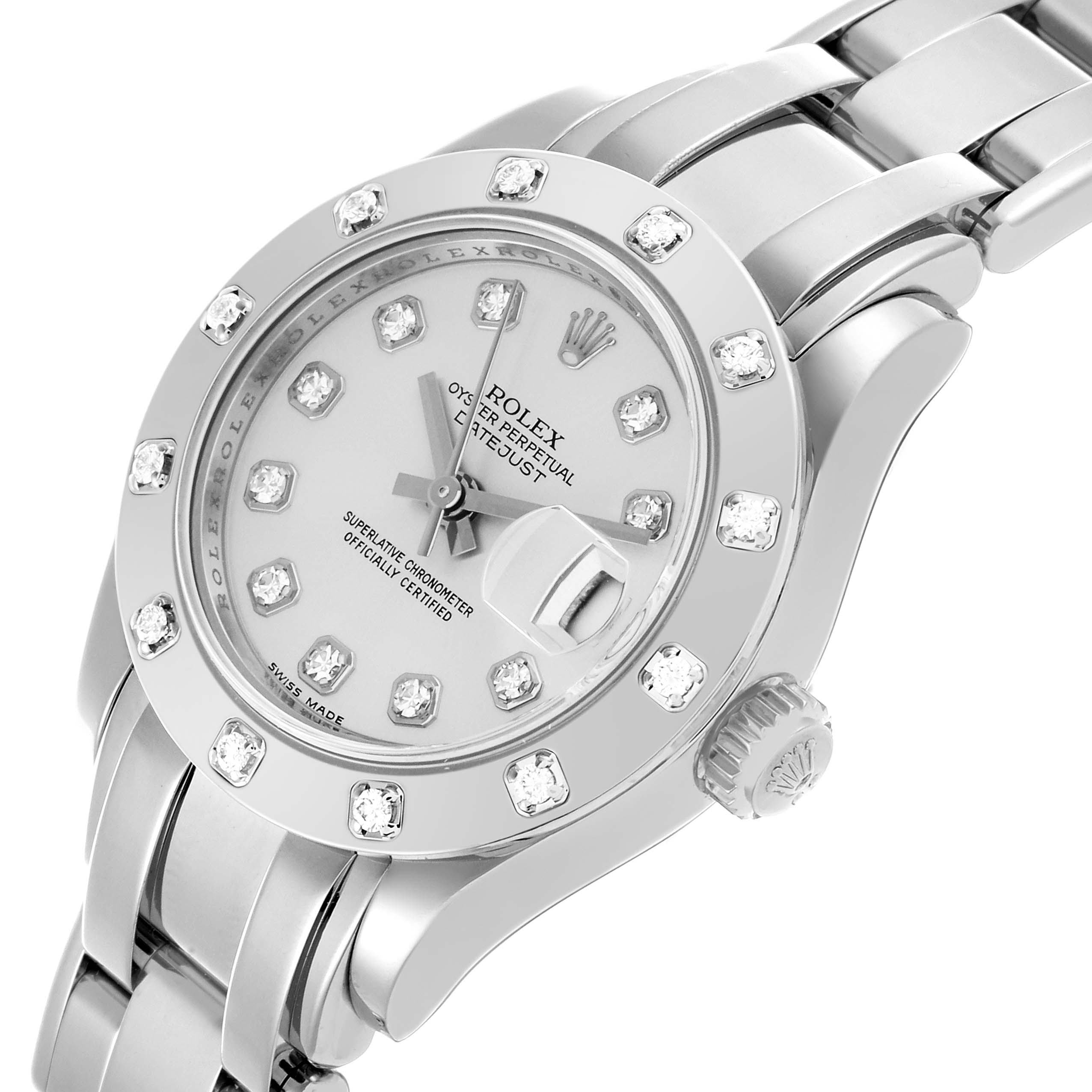 The Rolex Pearlmaster 80319 Women
s White Gold Silver Dial 80319 Women
s White Gold Silver Dial watch is shown at an angled view highlighting its face, bezel, bracelet, and crown.